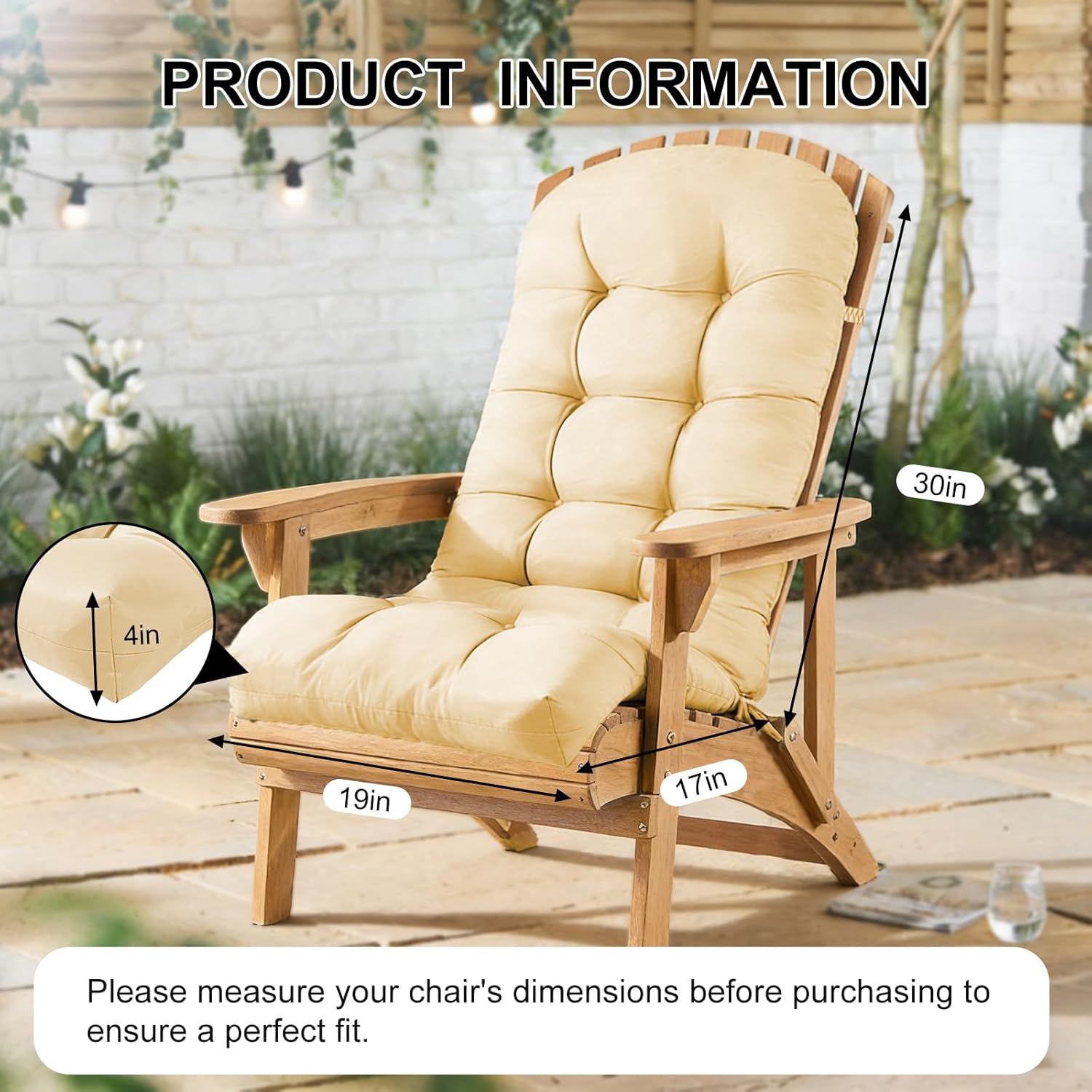 Adirondack Chair Cushions, Patio Furniture Cushions 4" Thickened Tufted Set of 2, Water-Repellent Outdoor High Back Replacement Pads with Ties & Elastic Band, 47" x 19", Beige