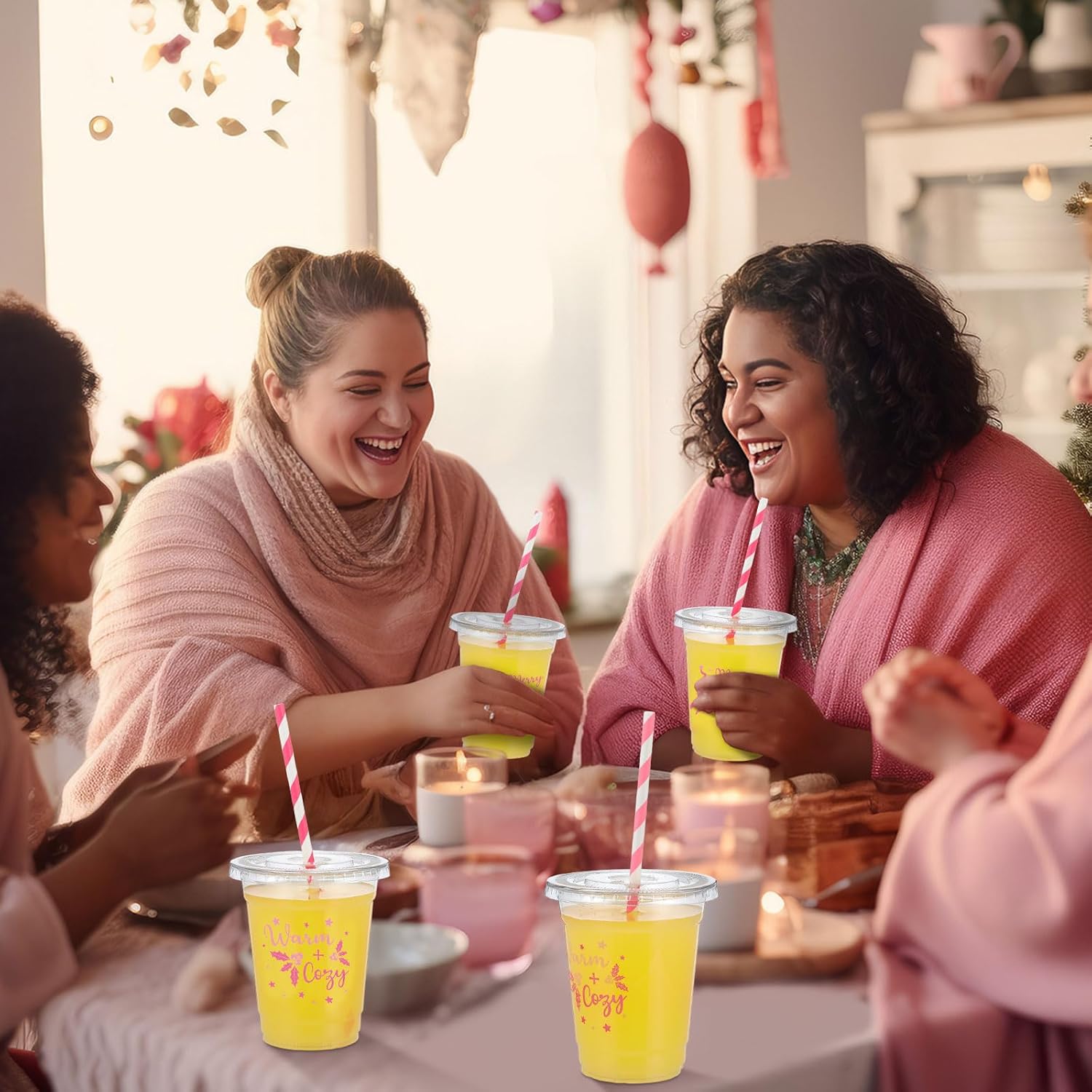 Sliner 180 Pcs/ 60 Sets Merry Christmas Cups with Lids and Straws Bulk 12 oz Happy Holiday Disposable Clear Plastic Cups for Beer Snacks Coffee Xmas Party Supplies (Rose Red,Classic Style) - Image 5