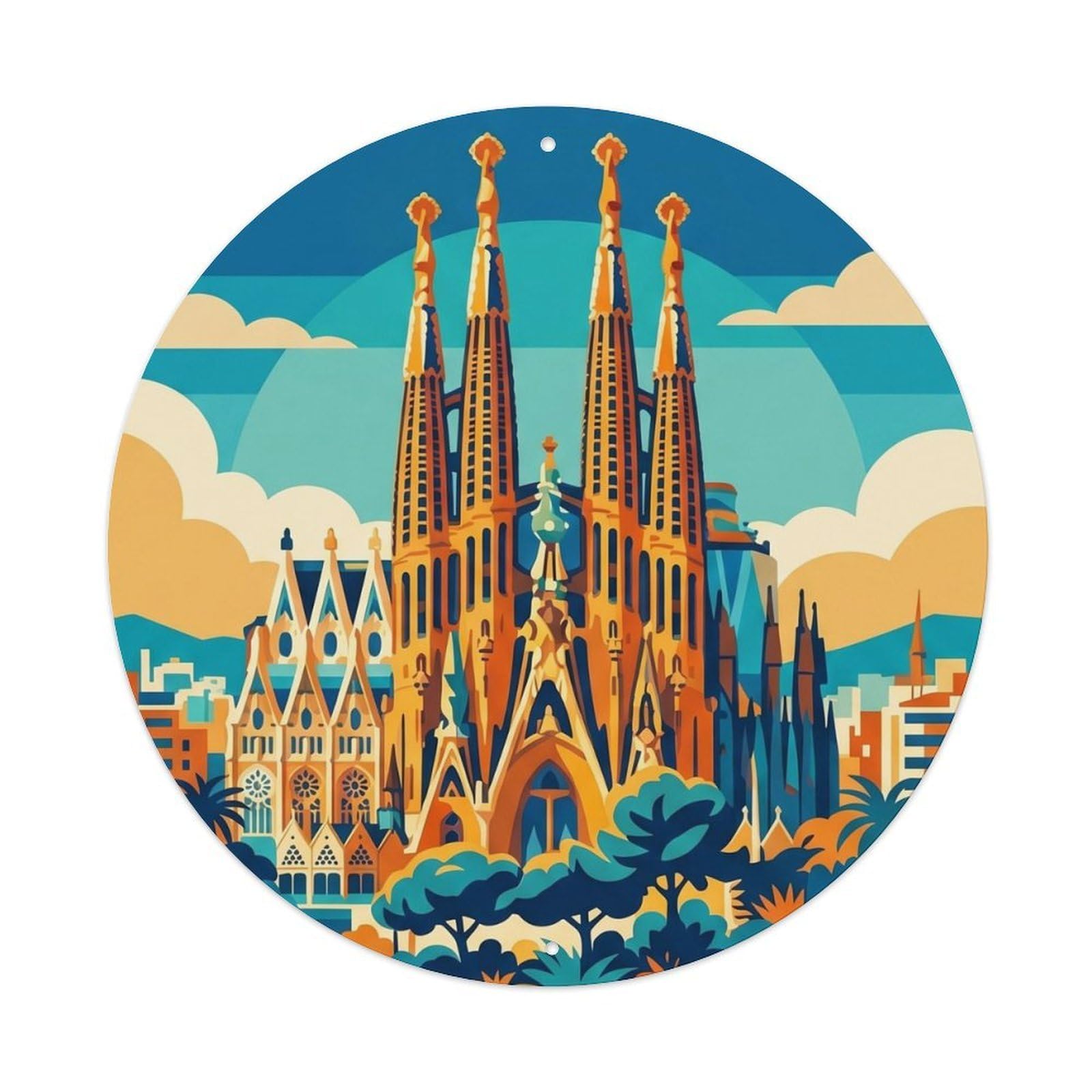 Classic Barcelona City Sagrada Familia Scenic Landmark Metal Tin Sign Plaque Wall Decor for Cafe, Man Cave, Club Bar, Office, Home Garden Round Metal Poster 8x8Inch