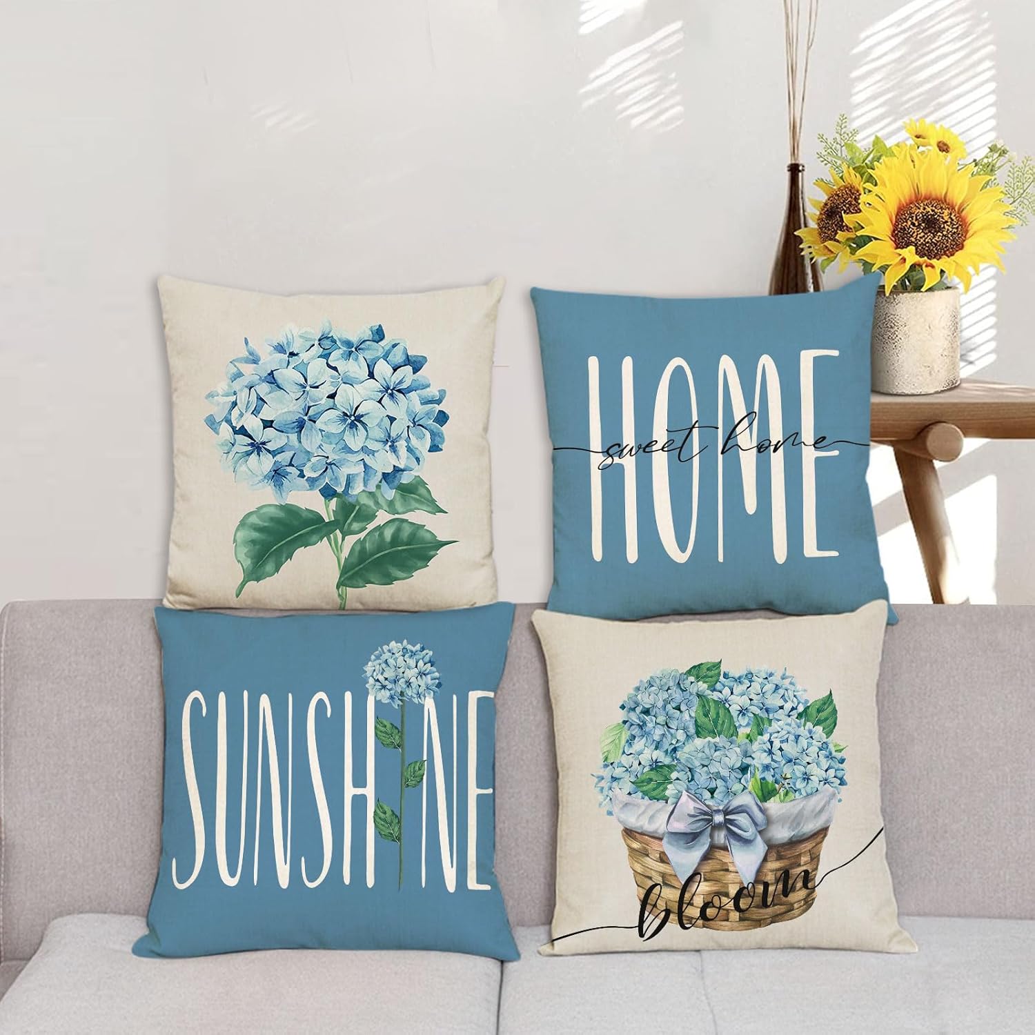 YeeJu Set of 4 Hydrangea Pillow Covers 20x20 Blue Spring Summer Pillow Covers Hello Sunshine Flower Floral Cushion Covers Square Cotton Linen Pillow Cases for Couch Sofa Outdoor Home Decor(20 Inch)