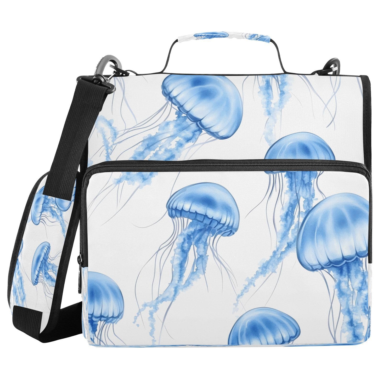 YEGAME Blue Jellyfish Waterproof Zipper Binder with Shoulder Strap, 3-Ring Trapper Keeper with Lay-Flat Design and Multiple Compartments for School &