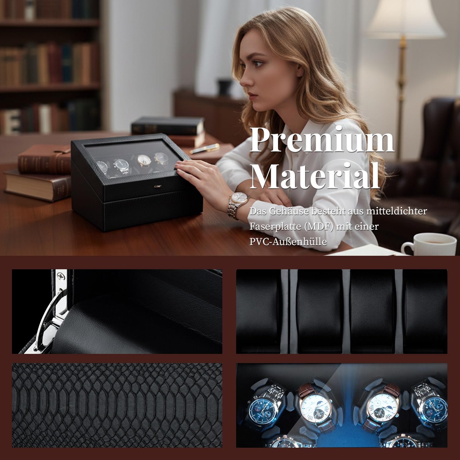 Mcbazel Automatische Uhrenbeweger 6 Uhren + 6 Gitter Aufbewahrung mit LED-Licht, Watch Winder Uhrenwinder Leiser Motor 4 Rotationsmodi, USB DC betrieben, Unabhängige Steuerung für Drehteller