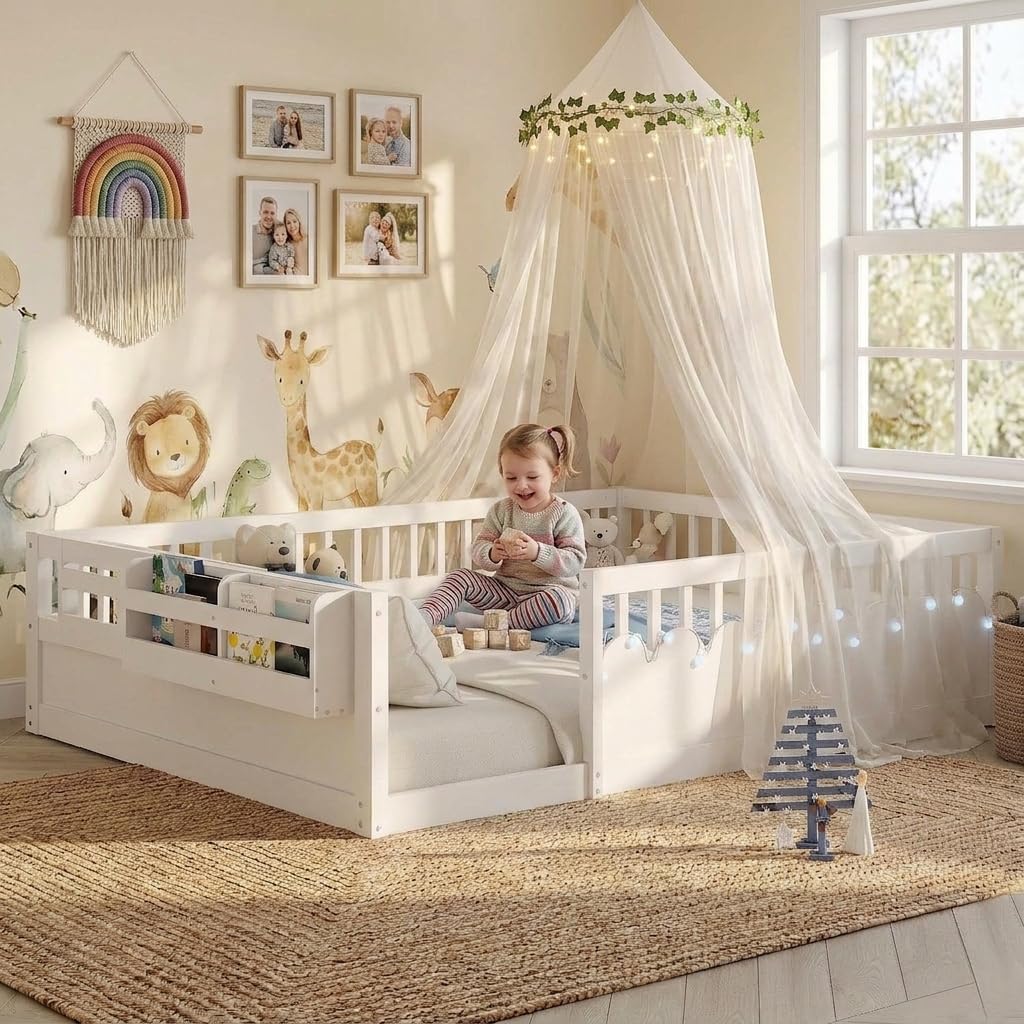 Montessori Floor Bed with High Rails,Full Size Floor Bed Frame for Kids, LED Lights & Storage Shelf, Safe & Wider Opening Gate Design, Playground & Sleep Space for Girls Boys,White