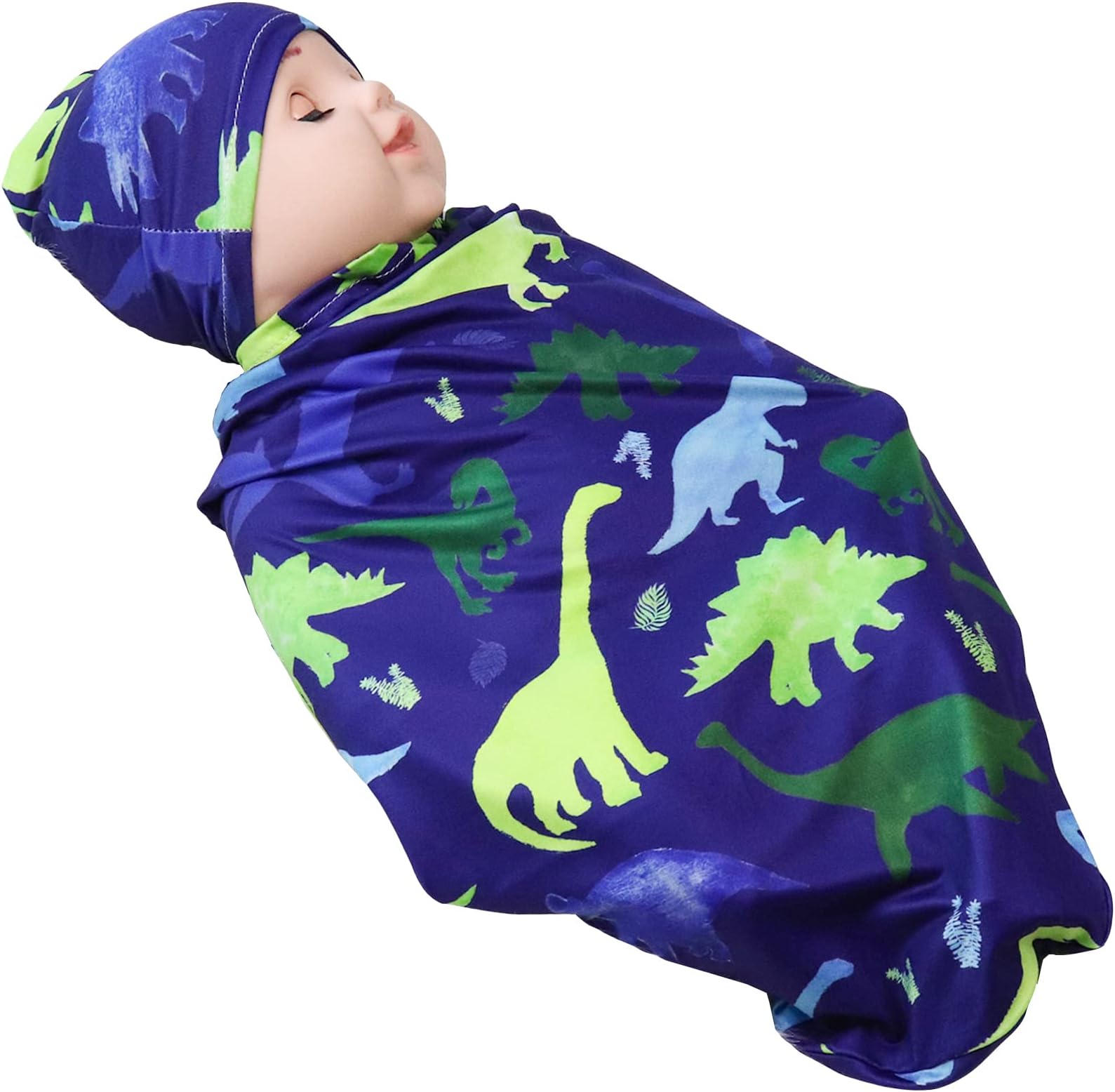 Newborn Swaddle Blanket with Beanie Set,Soft Stretchy Cocoon Sack for 0-3 Months Baby Boys and Girls, Dinosaur