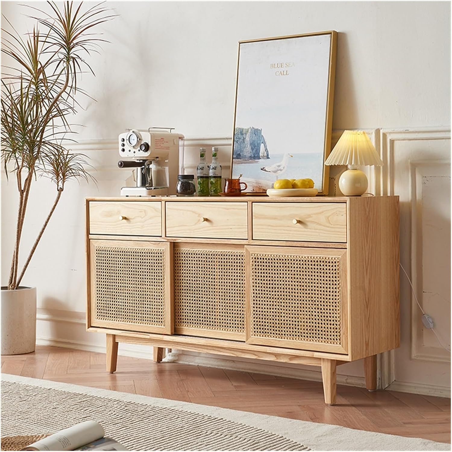 Kitchen Rattan Dining Sideboard Household Living Room Multifunctional Storage Cabinet Flat Push Door Solid Wood Pantry Buffet Cabinet