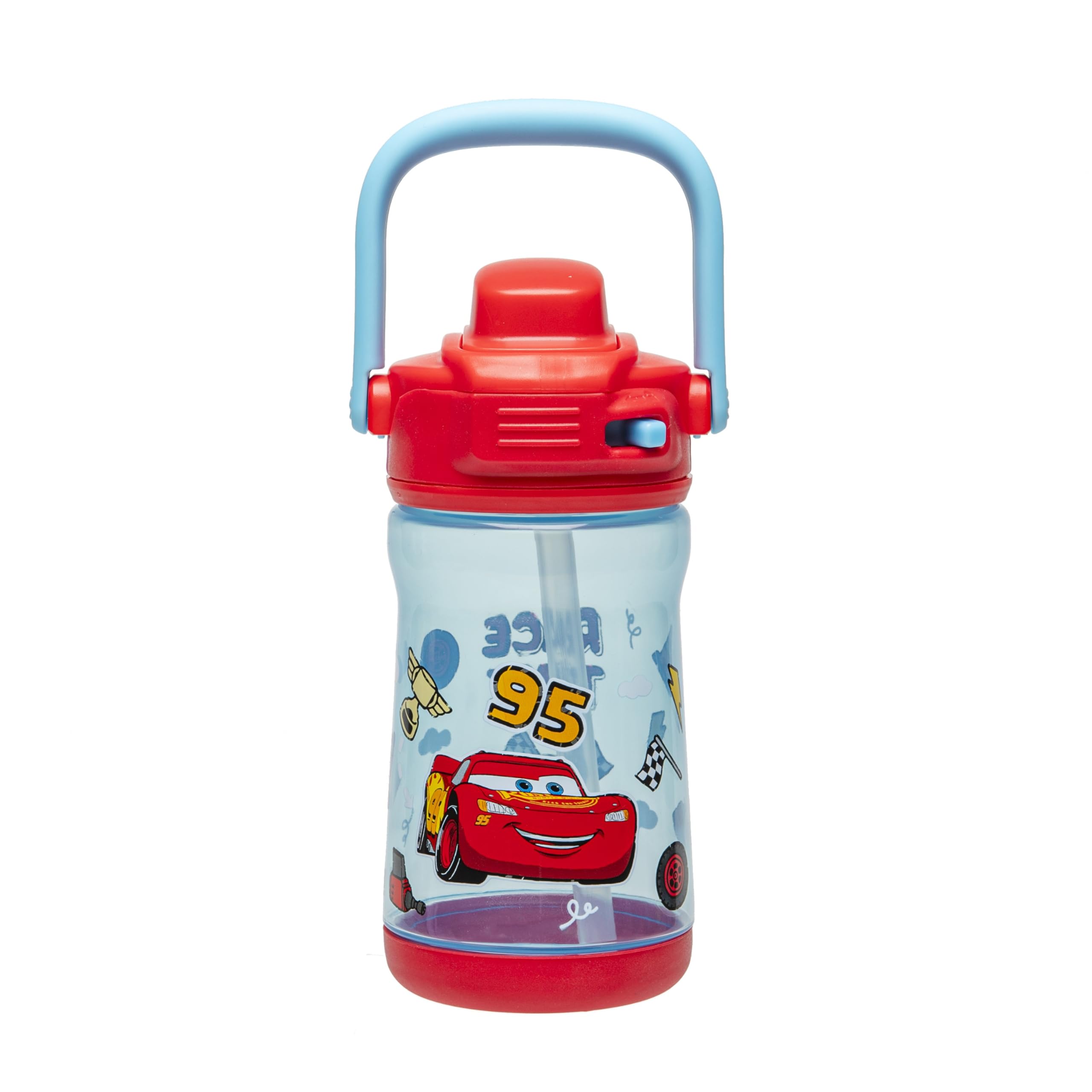 Disney Pixar Cars Kid Water Bottle for Travel or At Home, 12oz Plastic is Durable and Leak-Proof with Liquid Lock Spout, Cover, Carry Handle, Protective Base (Lightning McQueen)