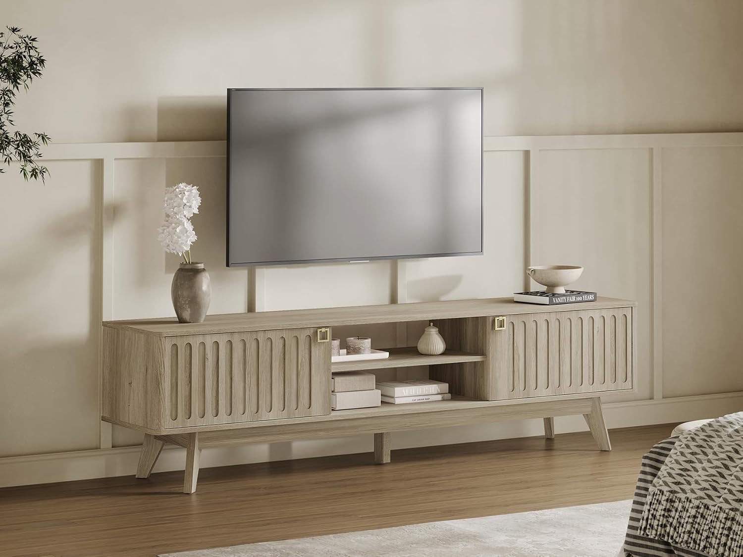 SICOTAS Modern TV Stand for 65/75/80 Inch TV, Long 70" TV Stand Entertainment Center with 2 Storage Cabinets, Fluted-Door Media TV Console Credenza Table for Living Room, Hallway, Light Oak - Image 5