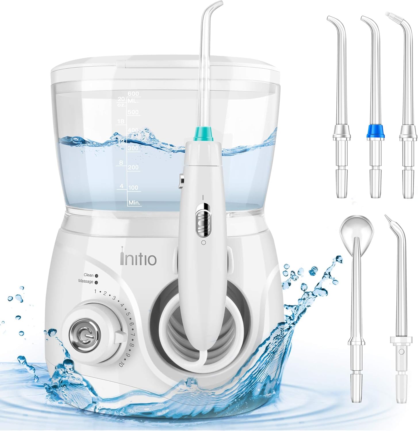 Initio Water Dental Flosser 2 Modes, 10 Adjustable Modes,Oral Irrigator with 600ML Detachable Water Tank, 6 Multifunctional Jet Tips,Water Dental Pick for Braces Care,Teeth Cleaner,White : Everything Else