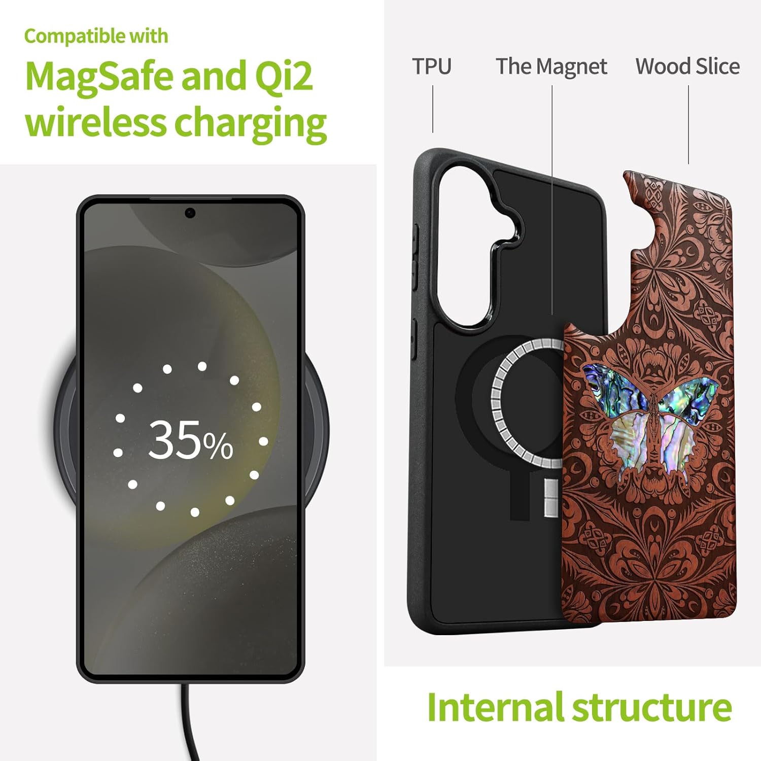 Carveit Magnetic Wooden Case for Galaxy S26+ / S26 Plus Case, Wood Artisan Engraved & Handmade Shell Inlaid, Compatible with MagSafe Wireless Chargers (Baroque Butterfly) Rosy