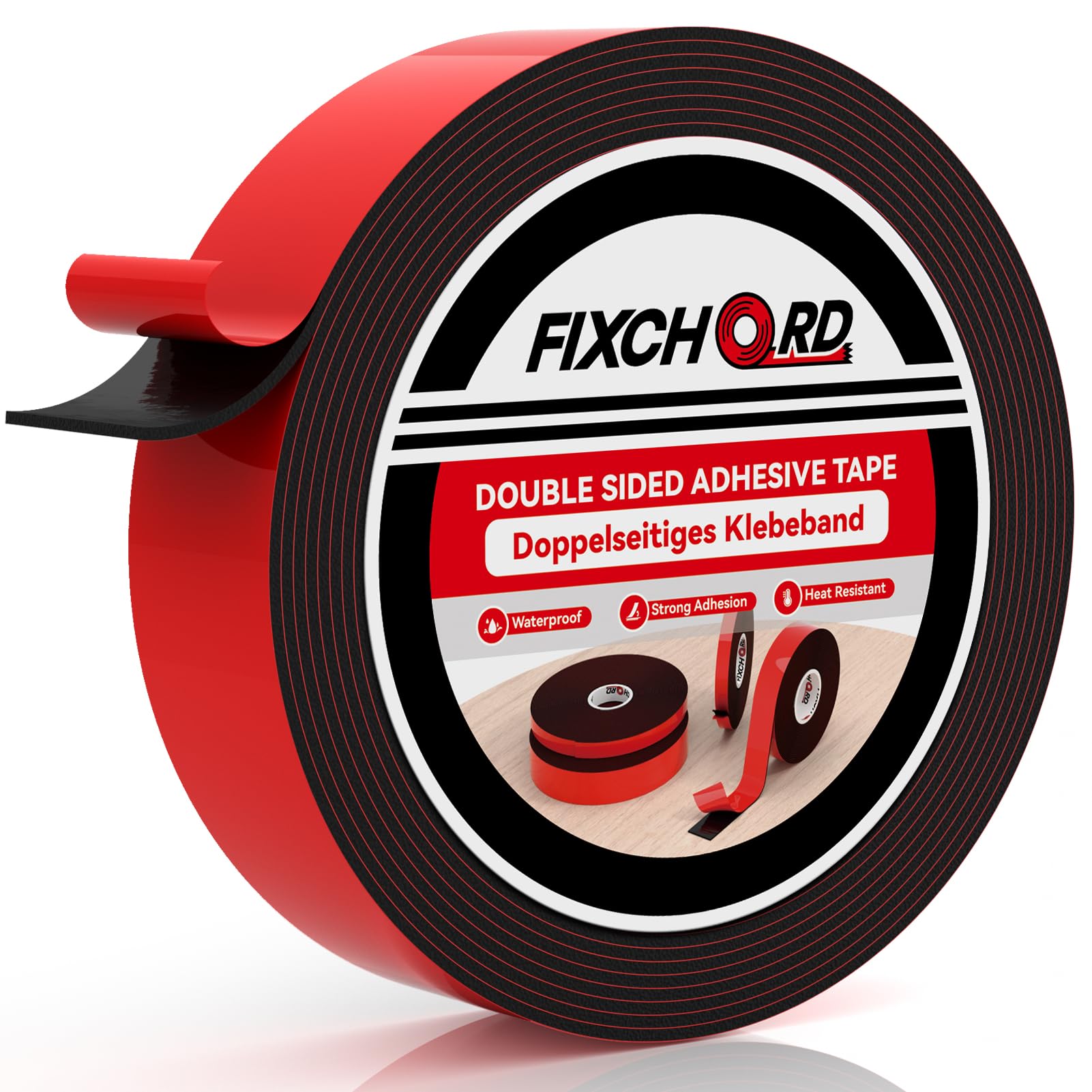 FIXCHORD Doppelseitiges Klebeband Extra Stark, 5M*25MM Klebeband Doppelseitig, Wasserdichtes Montageband, Doppelseitiges Schaumstoffband für Auto, LED-Streifen, Wand, Wohn, Bürodekor und Außende