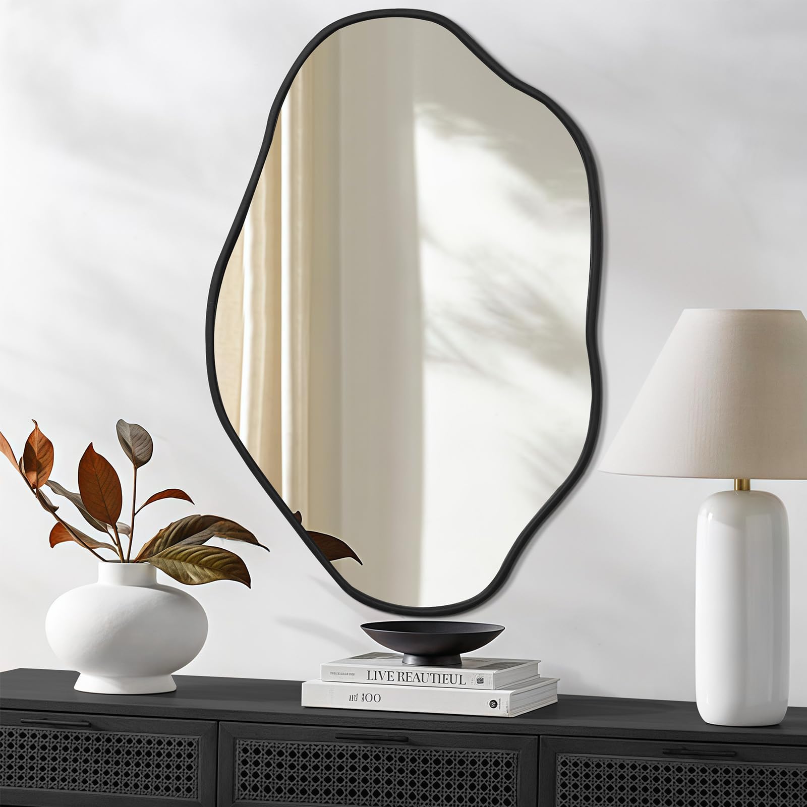 ULIKE Irregular Wall Mirror, 24x36 Inch Black Asymmetrical Mirror with Solid Wood Frame, Abstract Organic Shape Vanity Mirrors for Bathroom Bedroom Living Room Entryway