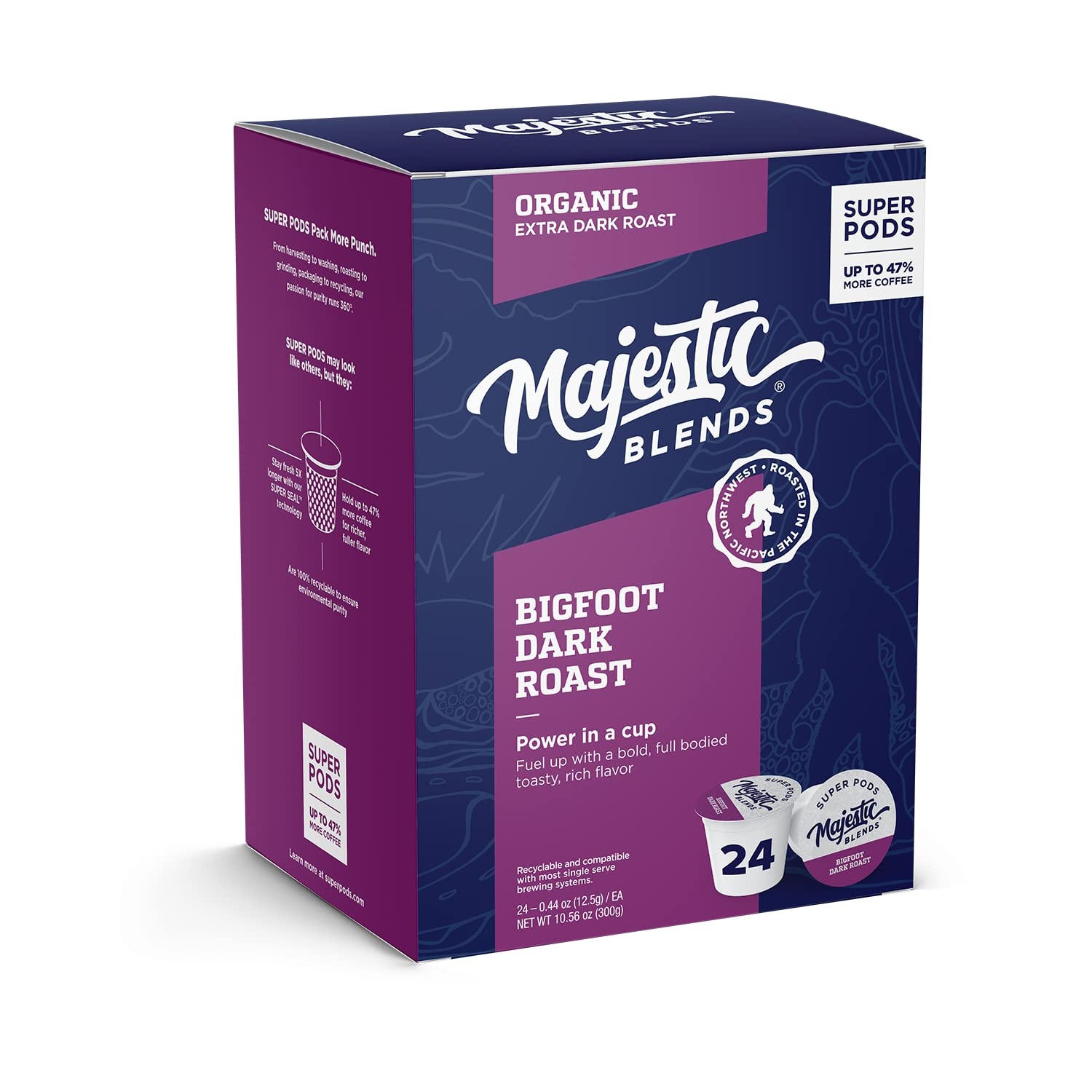 Majestic Blends Organic Coffee, Bigfoot Dark Roast SUPER PODS, Single-Serve Coffee Pods, 24 count