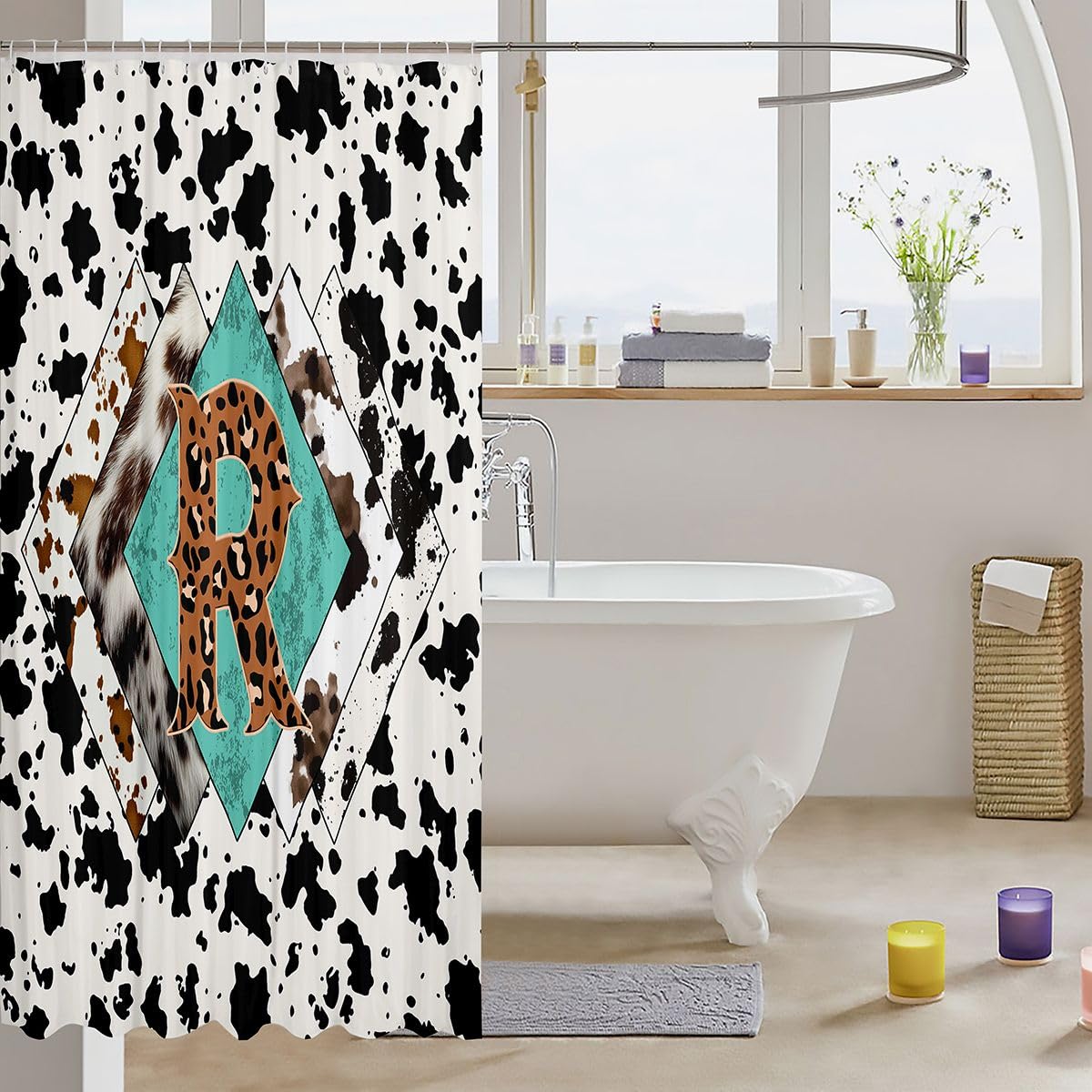 Rideau de douche lettre R taille L léopard monogramme alphabet imprimé cuir de vache rideau de bain pour adultes style rustique rustique rideaux de bain imperméables avec 12 crochets pour baignoire