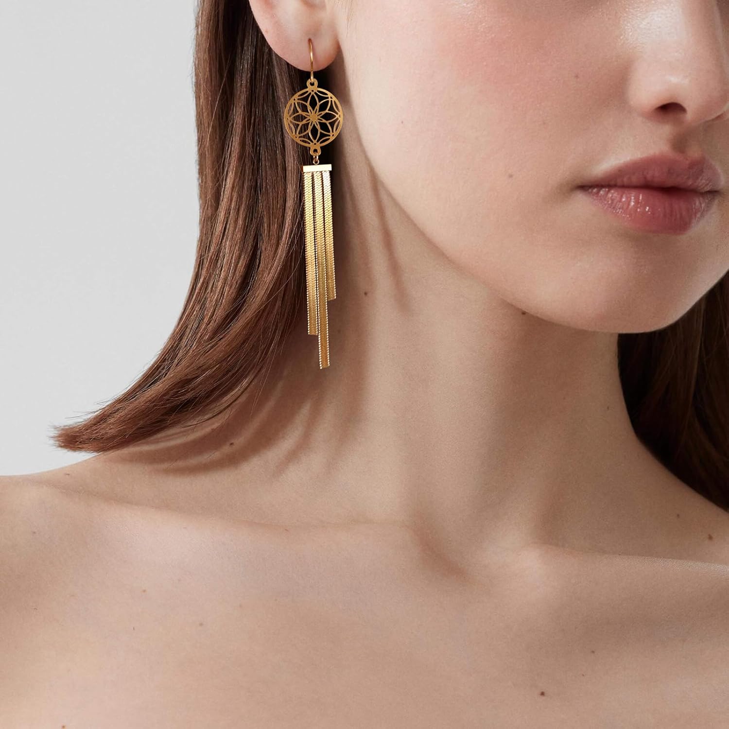 Tassel Drop Earrings for Women 18k Gold Plated Trendy Statement Threader Long Chain Hollow Flower Hypoallergenic Dangle Earrings - Image 5
