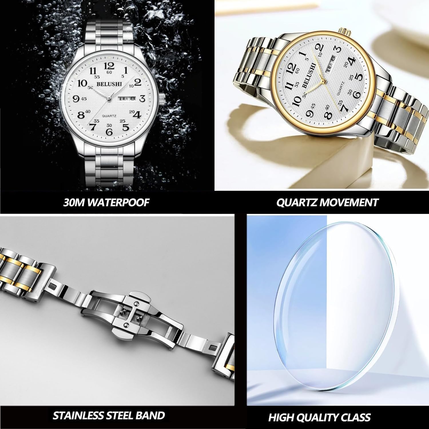 Gosasa Easy-to-Read Quartz Watch for Seniors, Large Numerals, Calendar, 30m Water Resistance, Luminous,Women's Men's Stainless Steel Wrist Watch