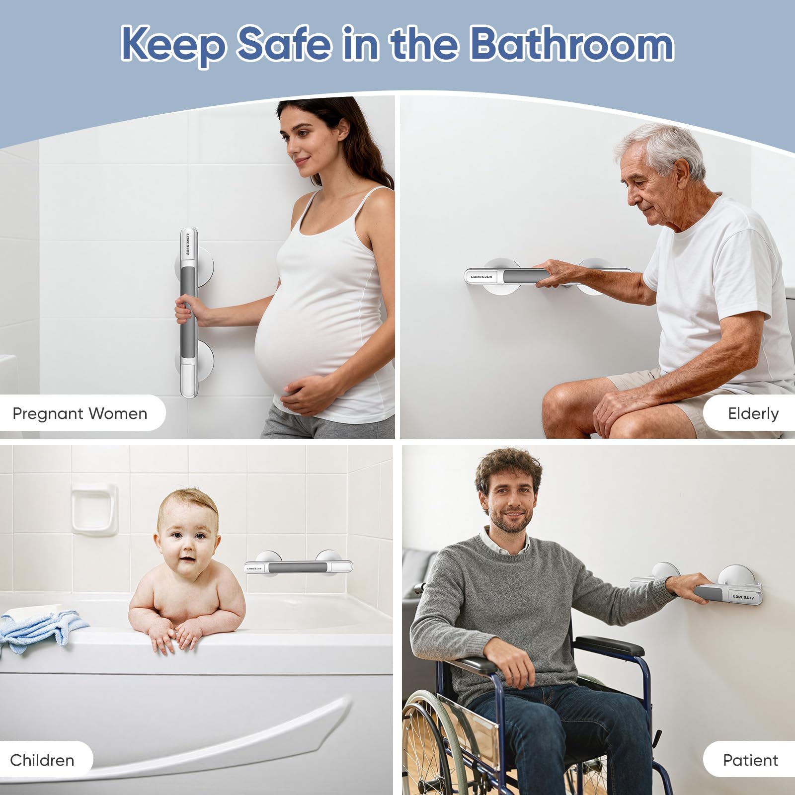 Confezione da 2 maniglioni per doccia, con ventosa, per bagno, maniglie a ventosa da 33 cm, per doccia, per anziani, anziani, disabili, resistenti, senza fori