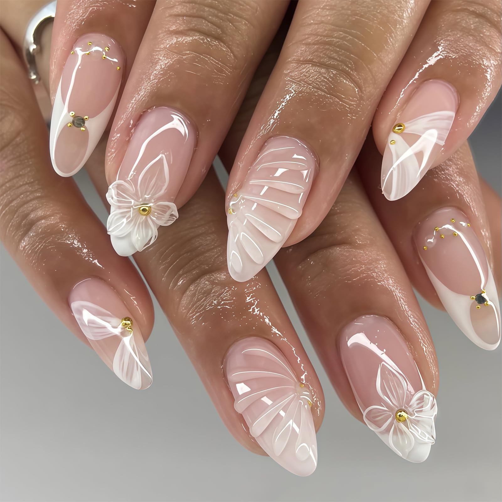 Shimmerz 24 Pieces Almond Styling Nails White Ombr with 3D Flowers Glitter Press On Nails Medium Length Reusable Elegant Ladies Manicure