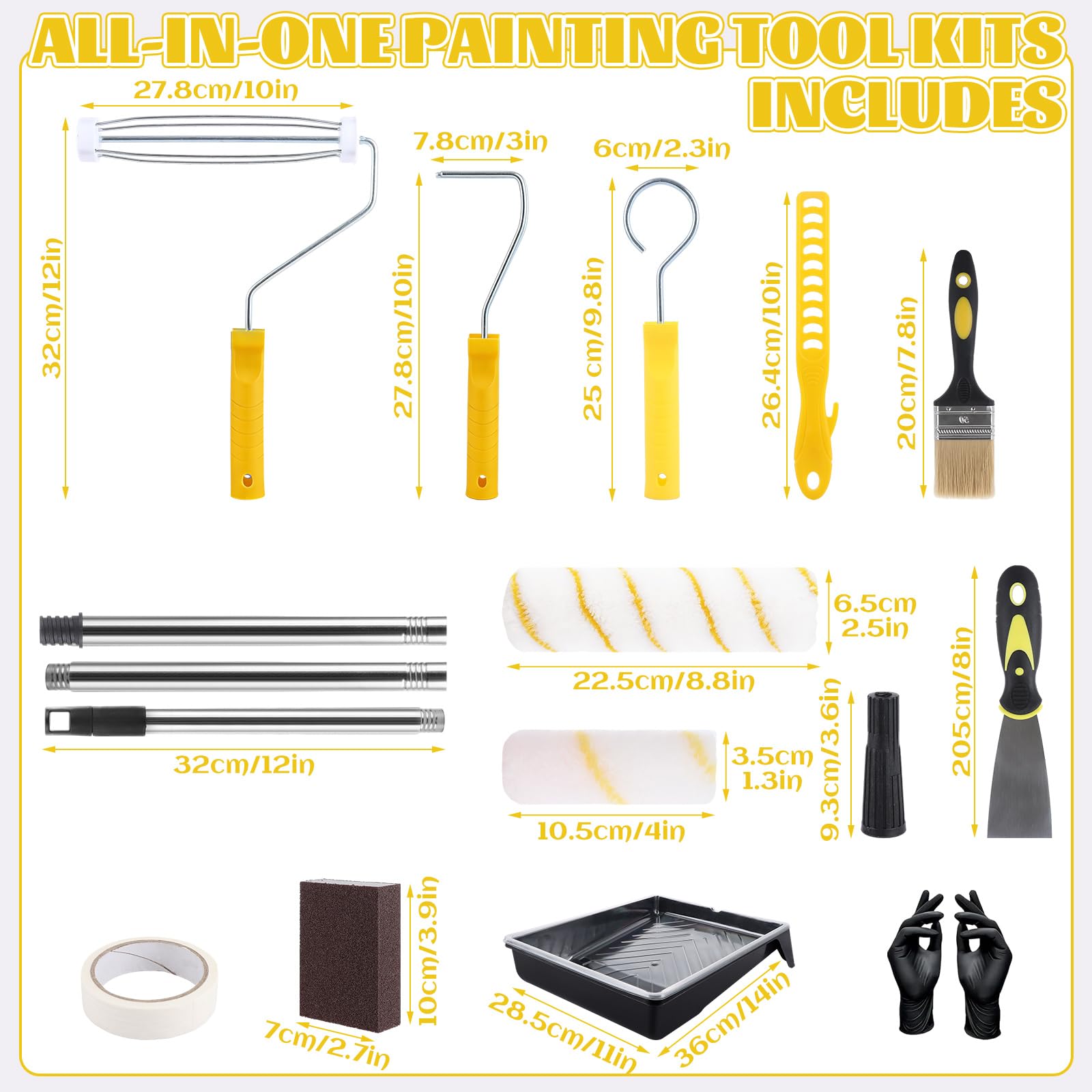 APACALI Lot de 18 rouleaux de peinture et plateaux avec manche d'extension, pinceaux et rouleaux pour peindre les murs, plafonds, portes, jaune