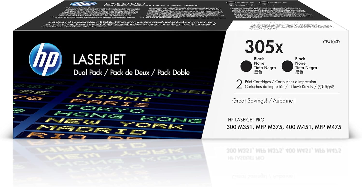 HP Original 305X Black High-Yield Toner Cartridges (2-Pack) | Works LaserJet Pro 300 M351, LaserJet Pro 300 MFP M375, LaserJet Pro 400 M451, LaserJet Pro 400 MFP M475 Series | CE410XD