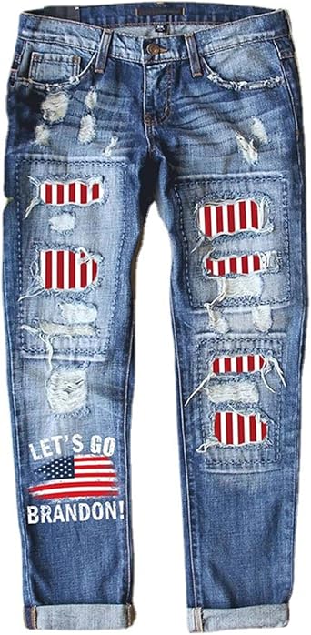 QJBMEI Womens Ripped American Flag Boyfriend Jeans Distressed Patch Print Straight Leg Jeans