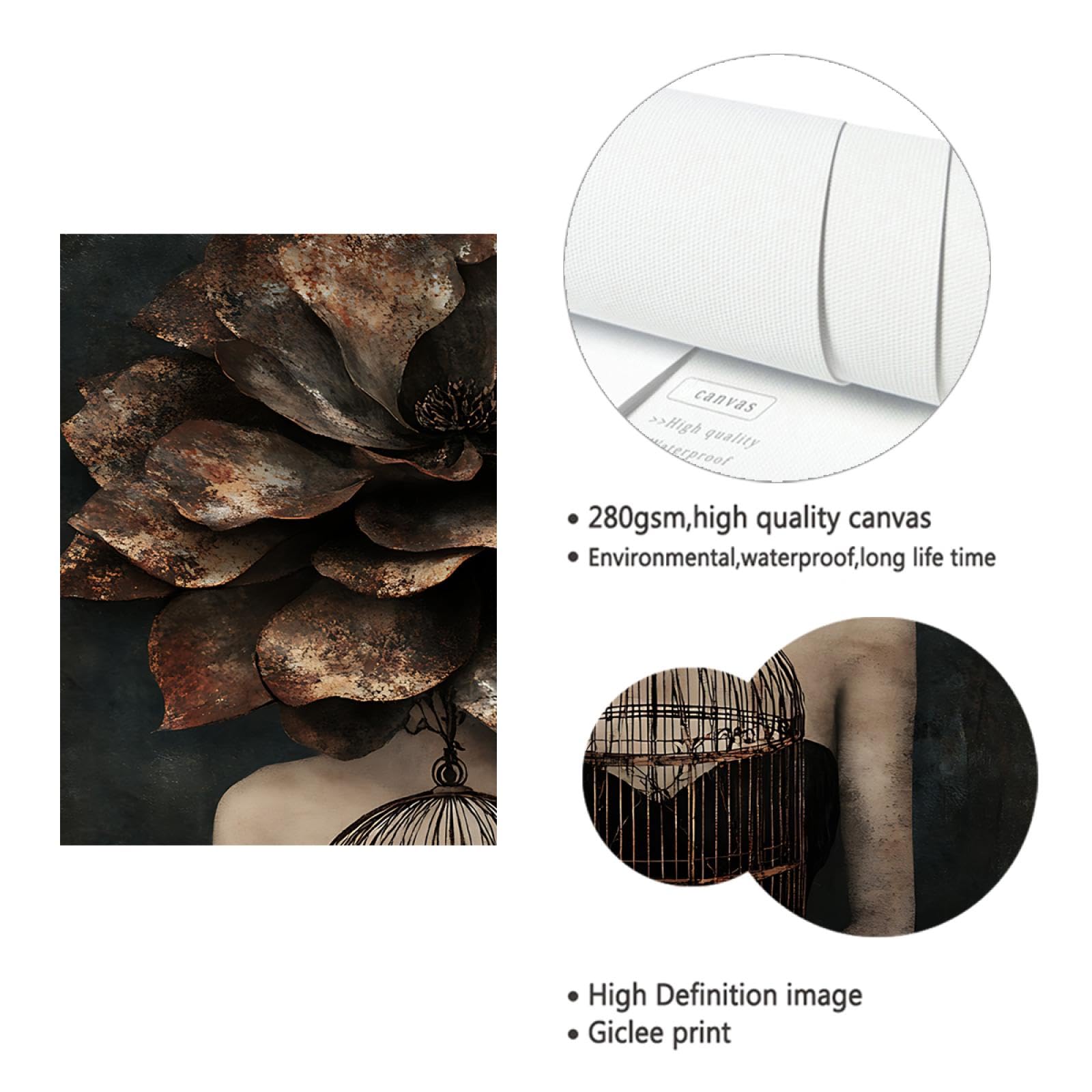 TOANGWALL Piękna elegancka dziewczyna z kwiatami we włosach płótno farby kobieta trzymająca ptak plakat sztuka ścienna do salonu dekoracja domu 50 x 60 cm rama wewnętrzna