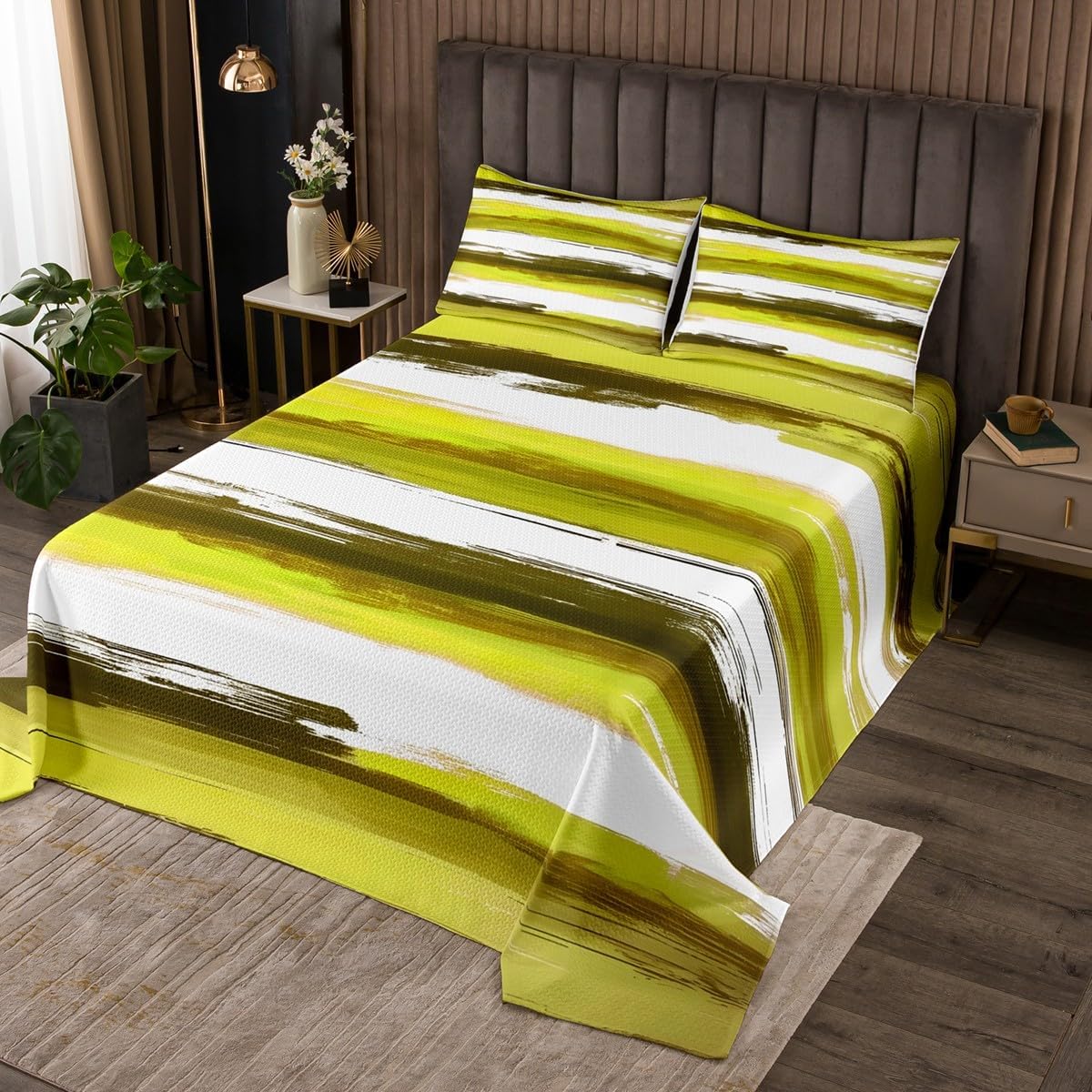 Erosebridal Abstract Striped Quilt Set Twin Yellow Ombre Stripes Bedspread Modern Geometric Line Coverlet Set for Kids Adults,Oil Painting Minimalist Bedding Quilted