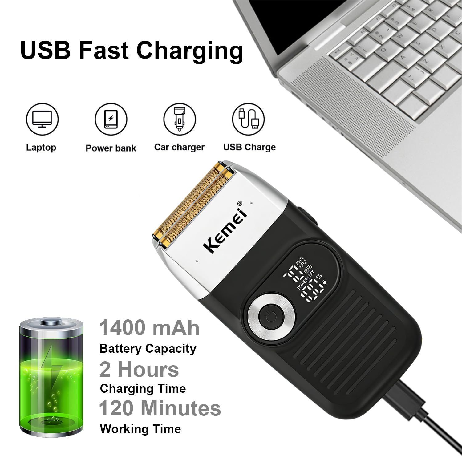 Maquina de Afeitar para Hombre KEMEI, Shaver Barberia Eléctrica con Recortadora, Afeitadora Inalámbrica con Lámina de Titanio y Maleta, KM-2026