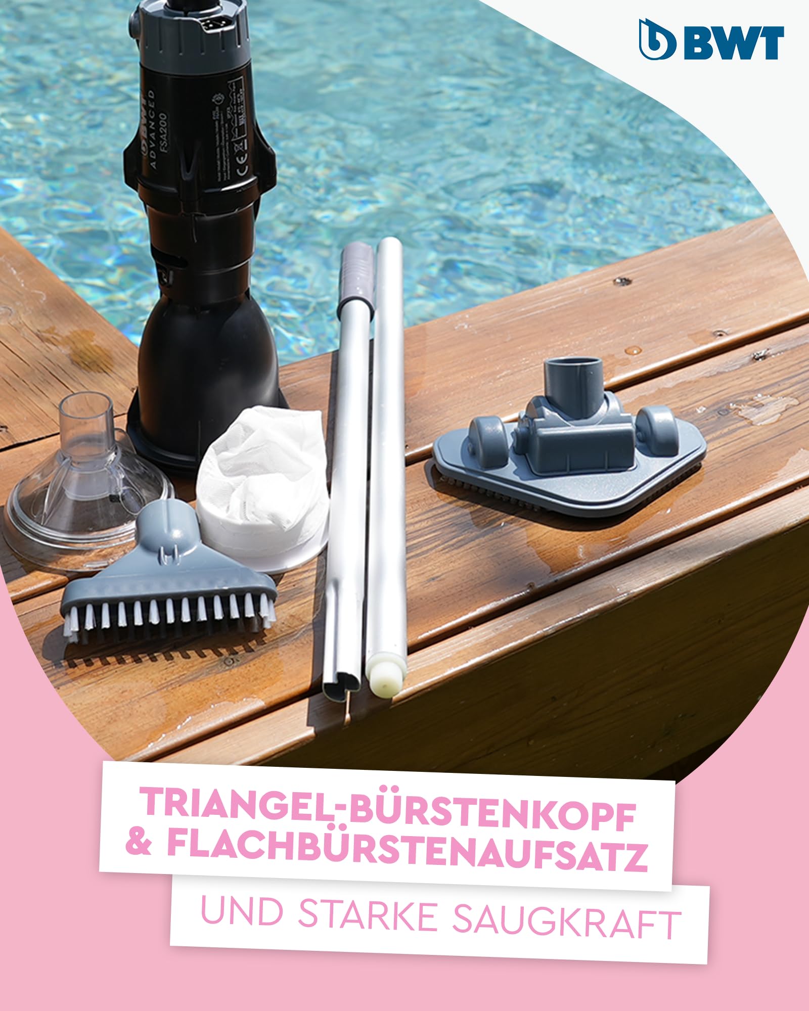 BWT Poolsauger Akku (FSA200, mit Standard-Poolstange) | Effiziente Reinigung von Pools | Kabelloser Betrieb | Poolroboter | Pool Zubehör | Poolreiniger mit Flachbürstenaufsatz | Pool Bodensauger