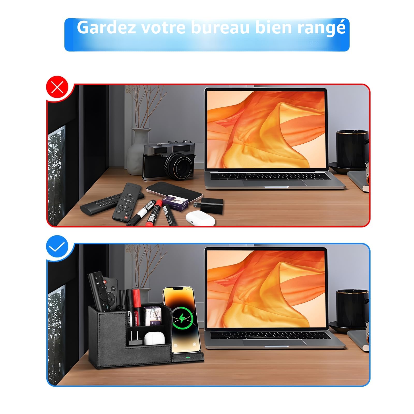 GORESE Organiseur de bureau 2 en 1 avec chargeur sans fil rapide, fournitures de bureau, station de charge inductive 10 W pour iPhone 15 14 13 12 Pro Max Samsung Galaxy S23/S22/S21/S20/S9
