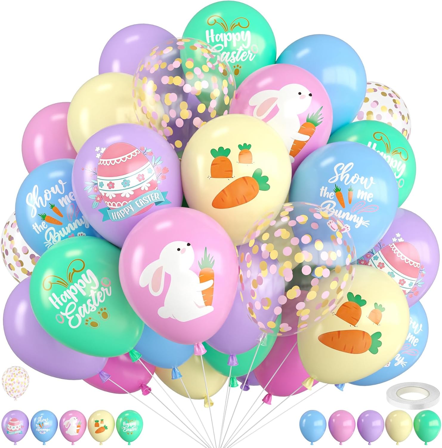 Pastel Easter Balloons,12 Inch Macaron Pink Blue Purple Green Yellow Balloon Printed Easter Eggs Bunny with Colorful Confetti Balloons for Spring Easter Birthday Theme Party Decorations