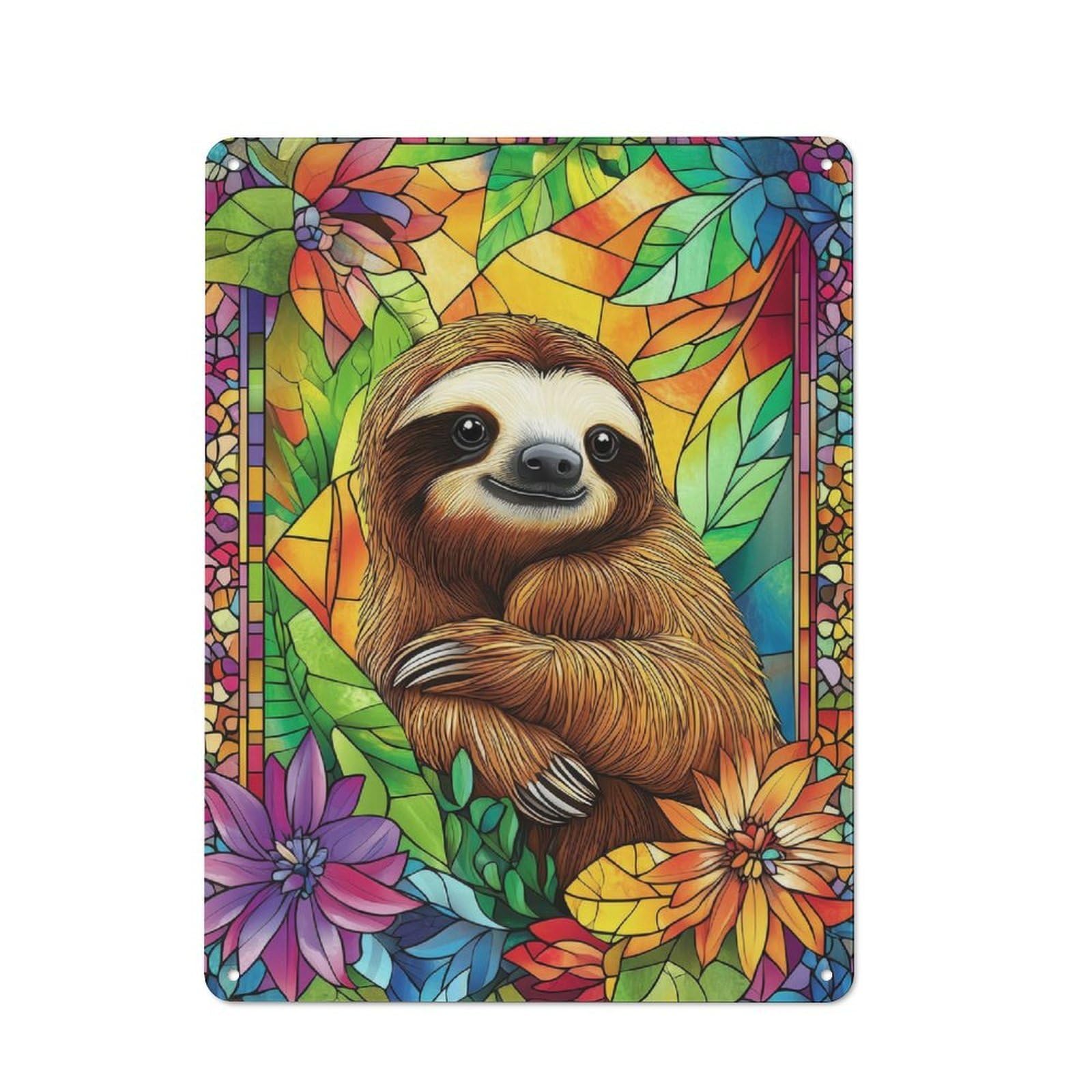 Junmoney Sloth In Stained Glass Metal Sign 40X30cm With For Pub Or Café, Retro Decor, For Cooler-Month Interiors With Retro Character