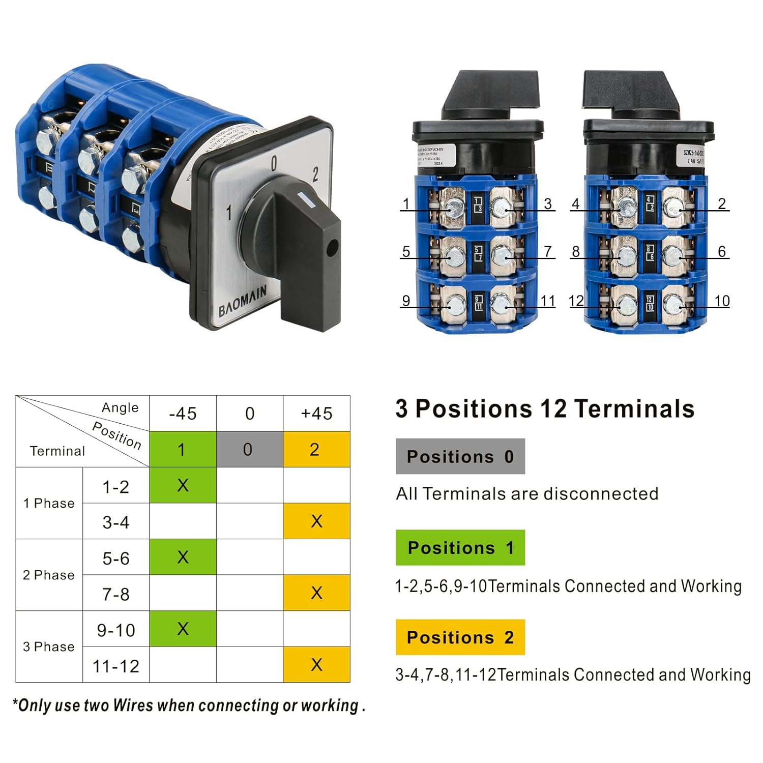 Baomain 160A Rotary Selector Cam Changeover Switch, SZW26-160/D303.3 AC 660V 3 Positions 3 Phase 12 Terminals Cam Switch