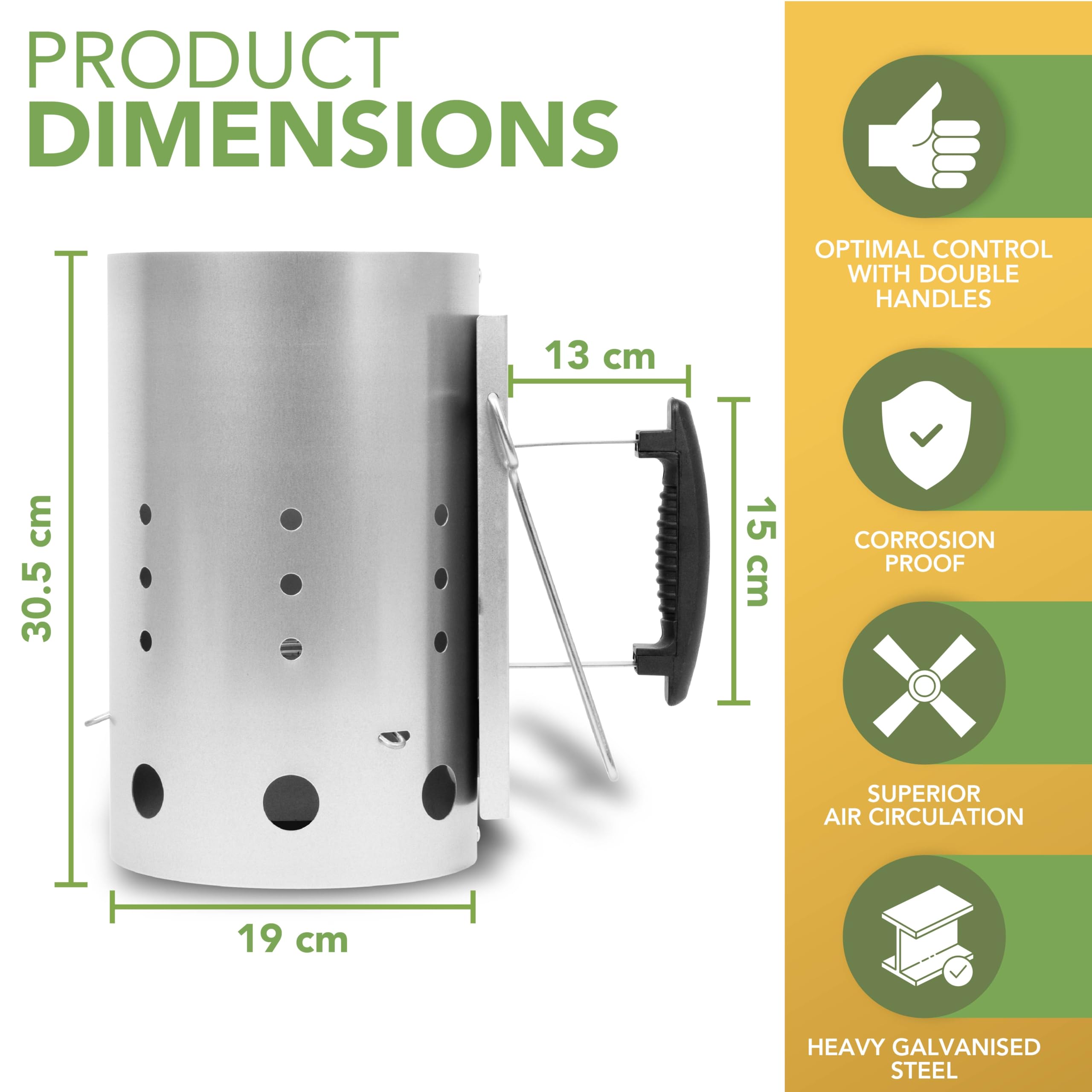 BLOSTM Accendi Fuoco per Barbecue - Extra Grande Accendi Carbonella Barbecue Avviamento Rapido, Acciaio Zincato, Maniglie di Sicurezza Isolate Termicamente - Accendi Carbonella, Grumi, Bricchette