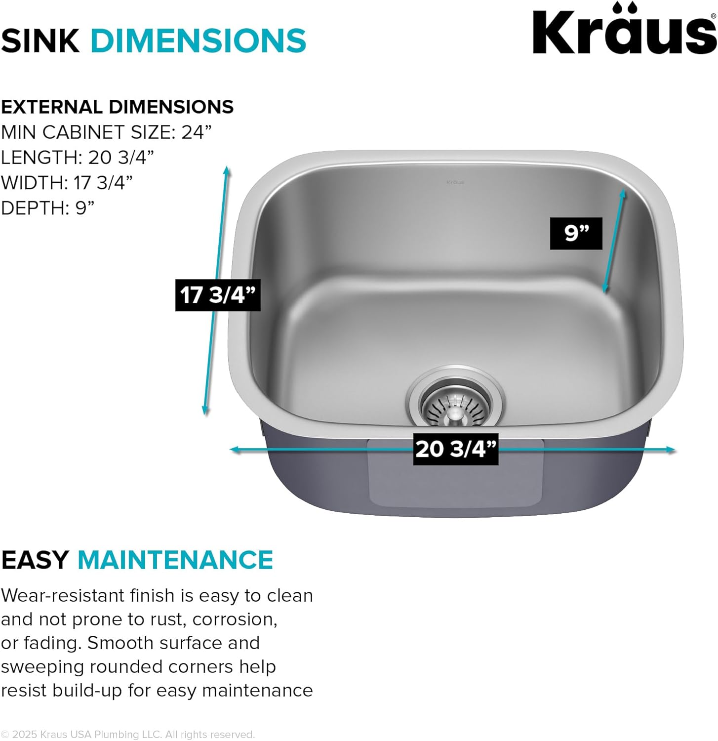 Kraus 19 3/4 Inch Stainless Steel Kitchen Sink, Durable 18 Gauge Single Bowl Kitchen Sinks Undermount, KBU11