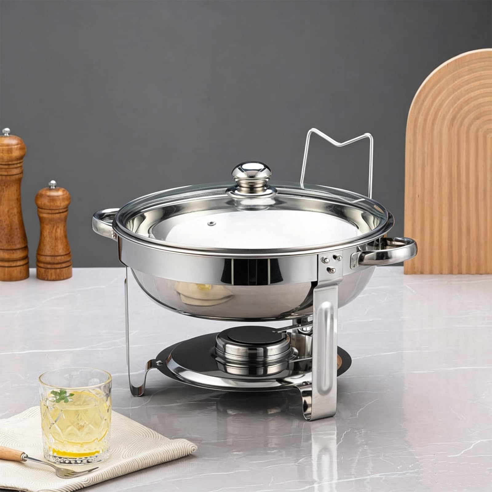 6 L Redondo Chafing Dish, Calentador de Alimentos de Acero Inoxidable | Platos para Calentar Alimentos de Acero Inoxidable,Bandejas Extraíbles,para Restaurante, Fiestas, Bodas, Catering