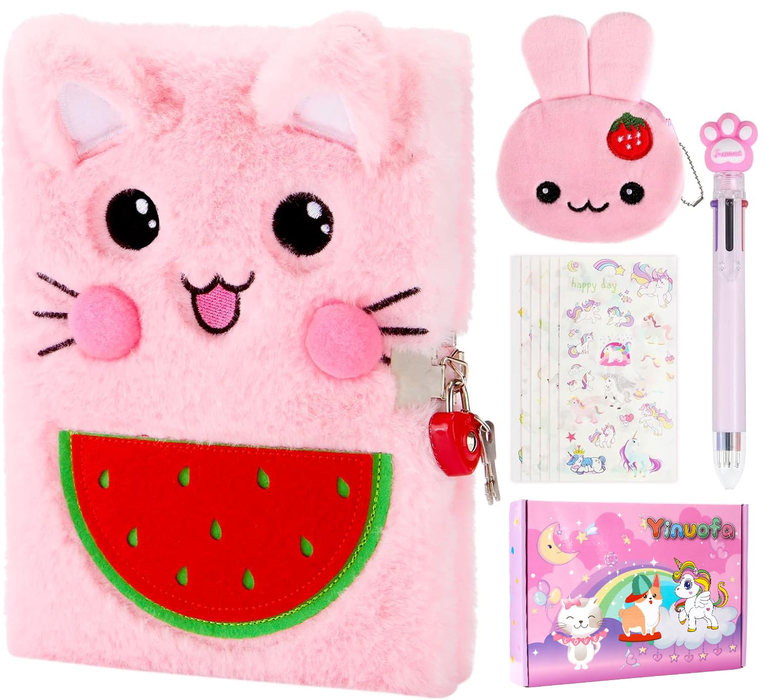 Yinuofa Cat Diary for Girls with Lock and Keys, Kids Journal Notebook set for Writing and Drawing, Plush Secret Diary Set with Multicolored Pen Purse Stickers for Girls Age 5 6 7 8 9 10 11 years old