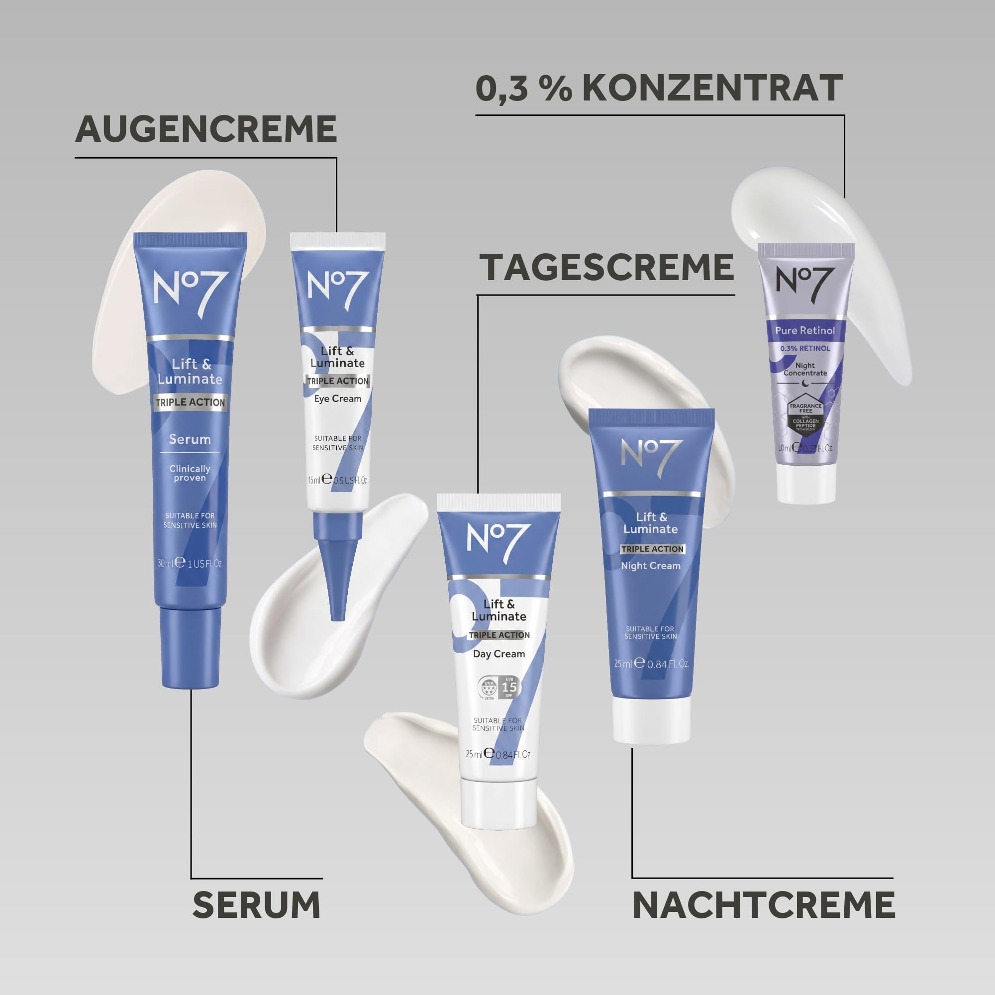 No7 Lift & Luminate Anti-Aging Geschenkset - Hautpflege, 5-teilig | Gesichtsserum 30 ml, Tagescreme 25 ml, Nachtcreme 25 ml, Augencreme 15 ml, Retinol 10 ml, wirkt gegen Falten