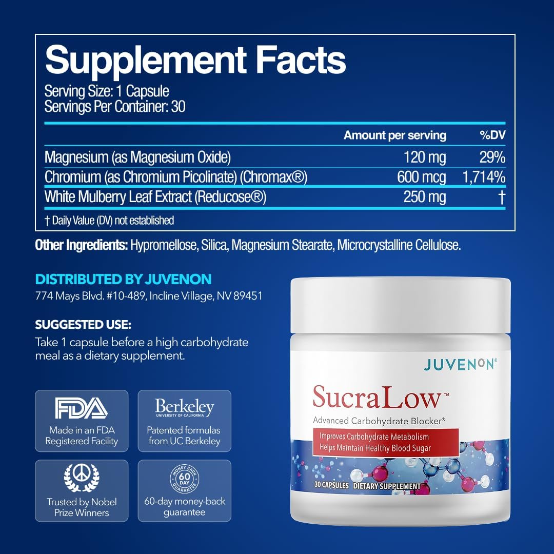 Juvenon SucraLow Advanced Carb Blocker – Supports Blood Sugar, Reduces Carb & Starch Absorption, Aids Metabolism & Limits Fat Storage – Mealtime Supplement for High-Carb Meals (30 Capsules)