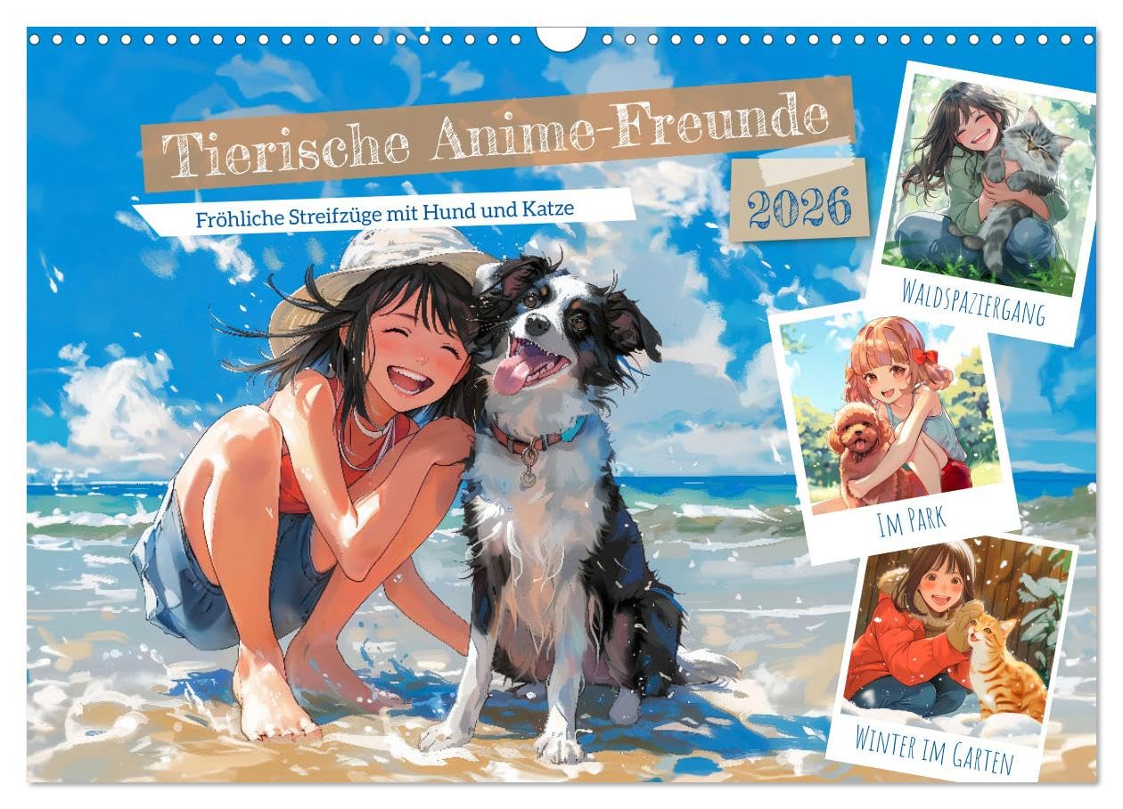Animal anime friends - Happy rambles with dog and cat UK-Version (Wall Calendar 2026 DIN A3 Landscape), CALVENDO 12 Month Wall Calendar — image 1