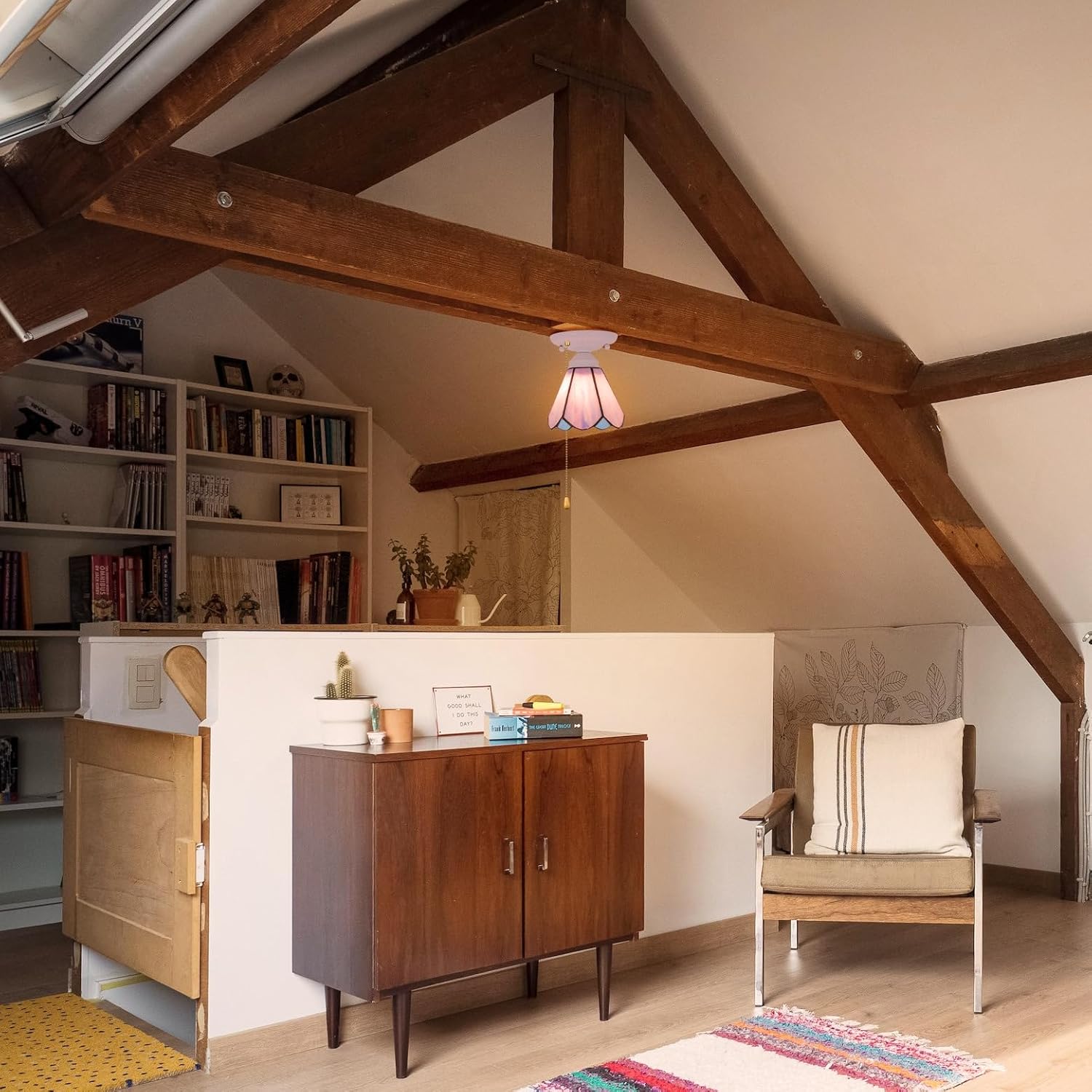 RV Tulip Lamp with Zipper Switch 12V RV Hallway Light Fixtures, E26 E27 Purple Bell Shape Stained Glass Semi Flush Mount Interior Lighting Decorative Ceiling for RV Camper