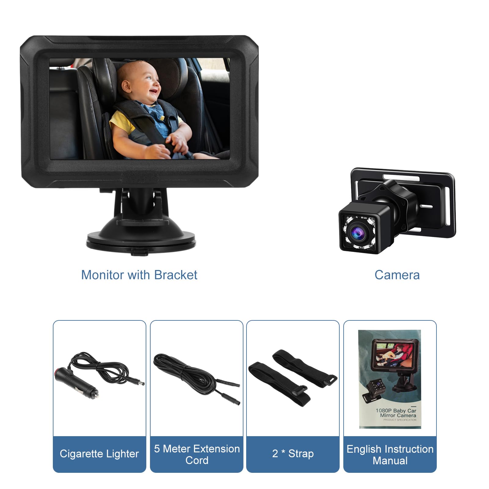 Tbest Moniteur de bébé de Voiture, Rétroviseur de Voiture pour bébé 4,3 Pouces 1080P avec Caméra Caméra de avec Vision Nocturne Angle de Vision de 150 pour (sans câble USB)