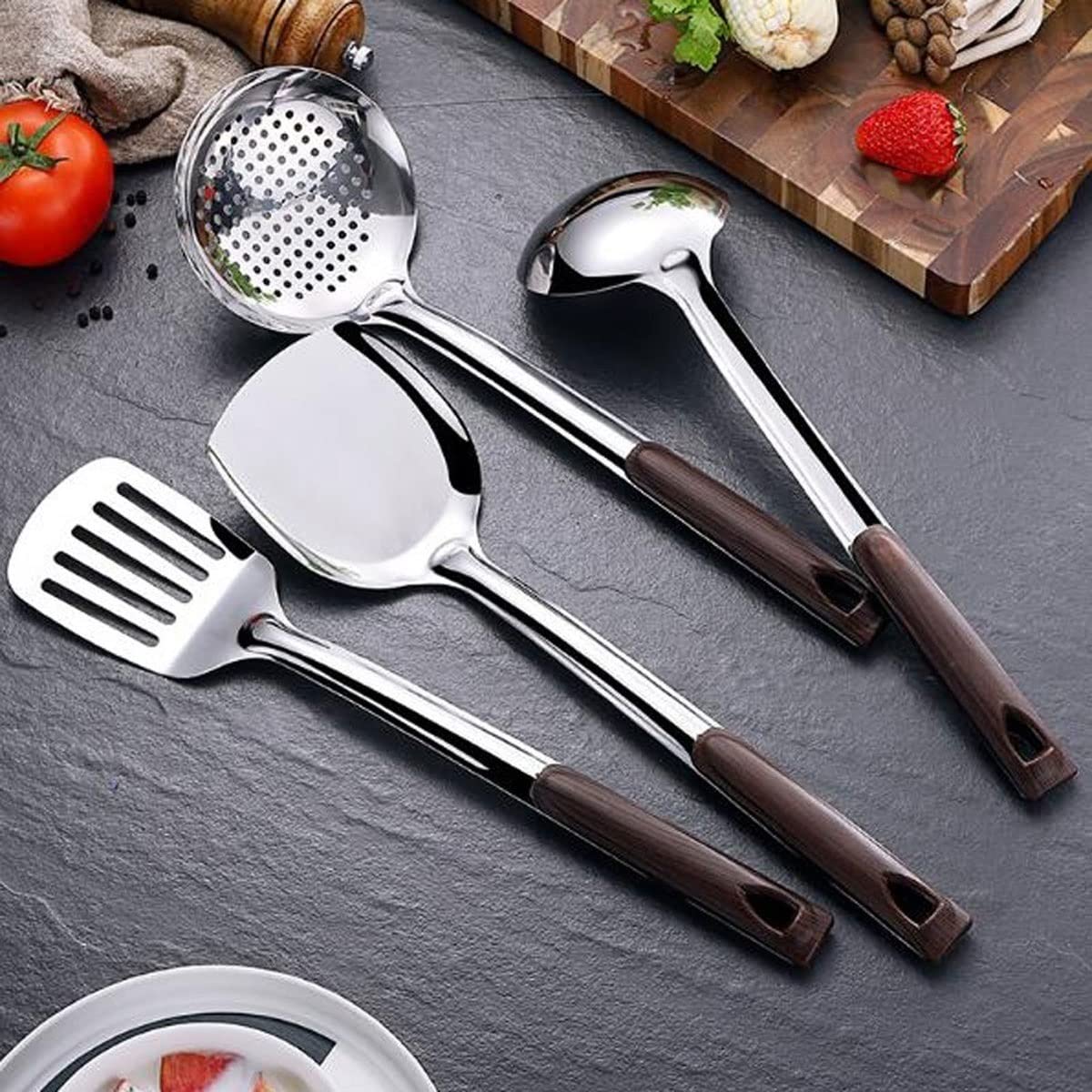 304 Kochlöffel aus Edelstahl, Spachtel, Holzwerkzeuge und Gadgets, Kochgeschirr, Set mit 5 Stück