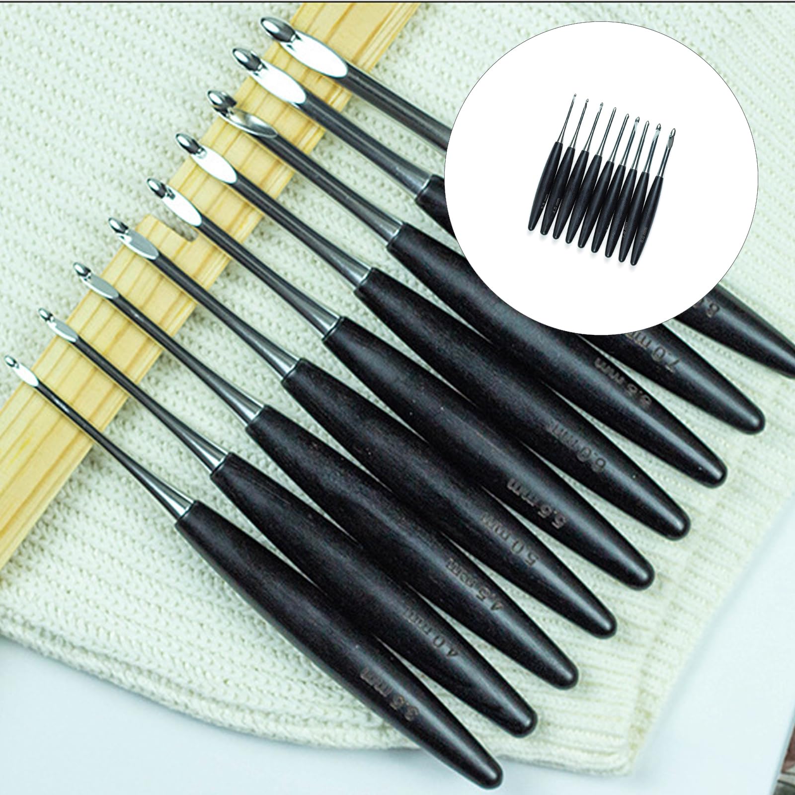 9 ganchos de ganchillo con mango de madera con estuche de almacenamiento, agarre ergonómico, aguja de ganchillo de aluminio, 3,5-8,0 mm para tejer mango de madera lisa