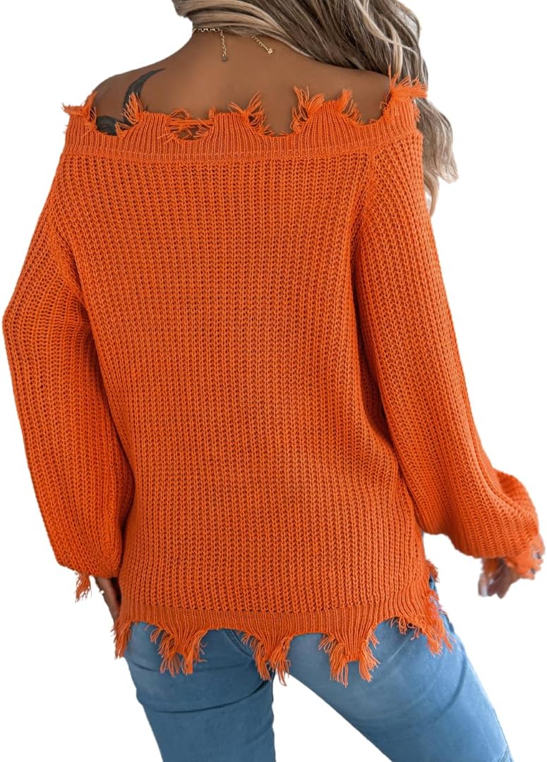 Women's Distressed Off-Shoulder Sweater - Lace-Up Cutout Pullover with Long Sleeves, Breathable Loose Fit Knit Top - Image 2