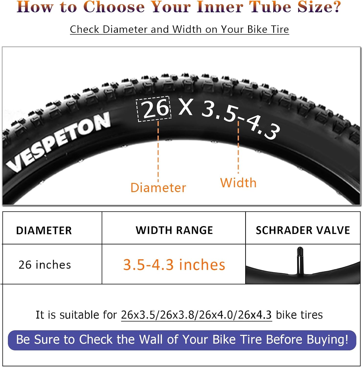 26X4.0 inch Bike Tube with AV35mm Schrader Valve Electric Bike Inner Tubes Premium Butyl Rubber Bicycle Tube 2 Pack Fat E-Bike Tubes