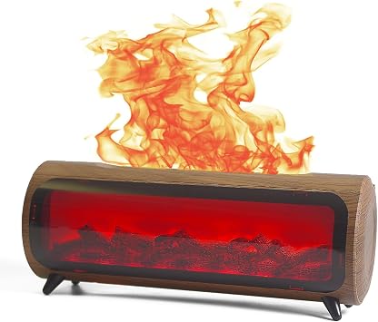 Flame Fireplace Aroma Diffuser-Aromatherapy Essential Oil Diffusion-7 Flame Colors-Noiseless Clean air-Wood Shape-nimi Tabletop Fireplace humidifier for Home Bedroom Office Wooden Grain