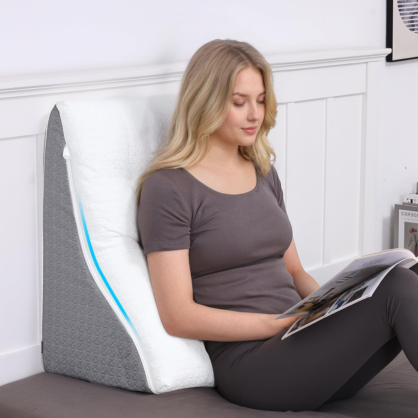 Lesekissen für Bett und Sofa Ergonomischer Keilkissen Zweischichtiges Design Memory Schaum Rückenlehne für Reflux Schlafapnoe, Perfekt Rückenkissen für Rückenunterstützung(55x55x25)