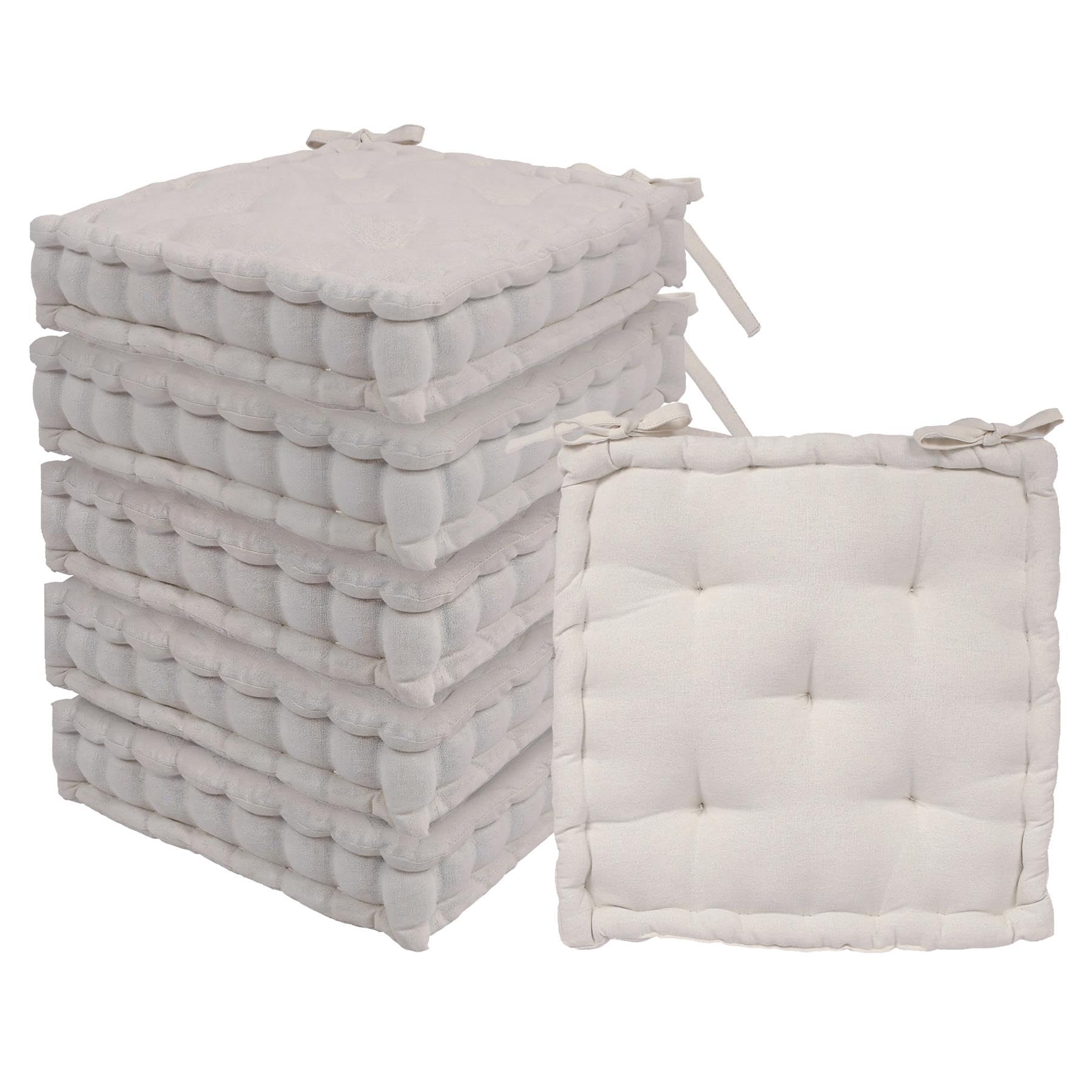 Harbour Housewares Square Seat Pads Pack of 6-40 x 40cm Extra Thick Cushions with Ties, Indoor Outdoor Chair Seat Pads for Dining Chairs, Garden, Patio & Bistro Seating - Cream