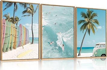 KAIRNE Ocean Beach Framed Canvas Wall Art Set, Coastal Seascape Surfboard Wall Decor, Modern Palm Tree Art Prints, Summer Surfing Blue Artwork for Living Room, Bedroom, Farmhouse, Office-16 x24 x3