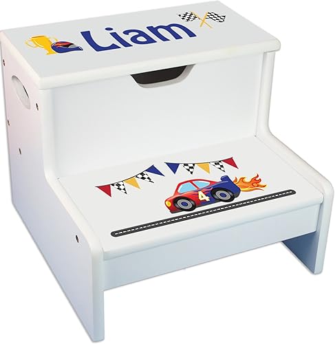 Taburete infantil de coches de carreras personalizados blanco con almacenamiento